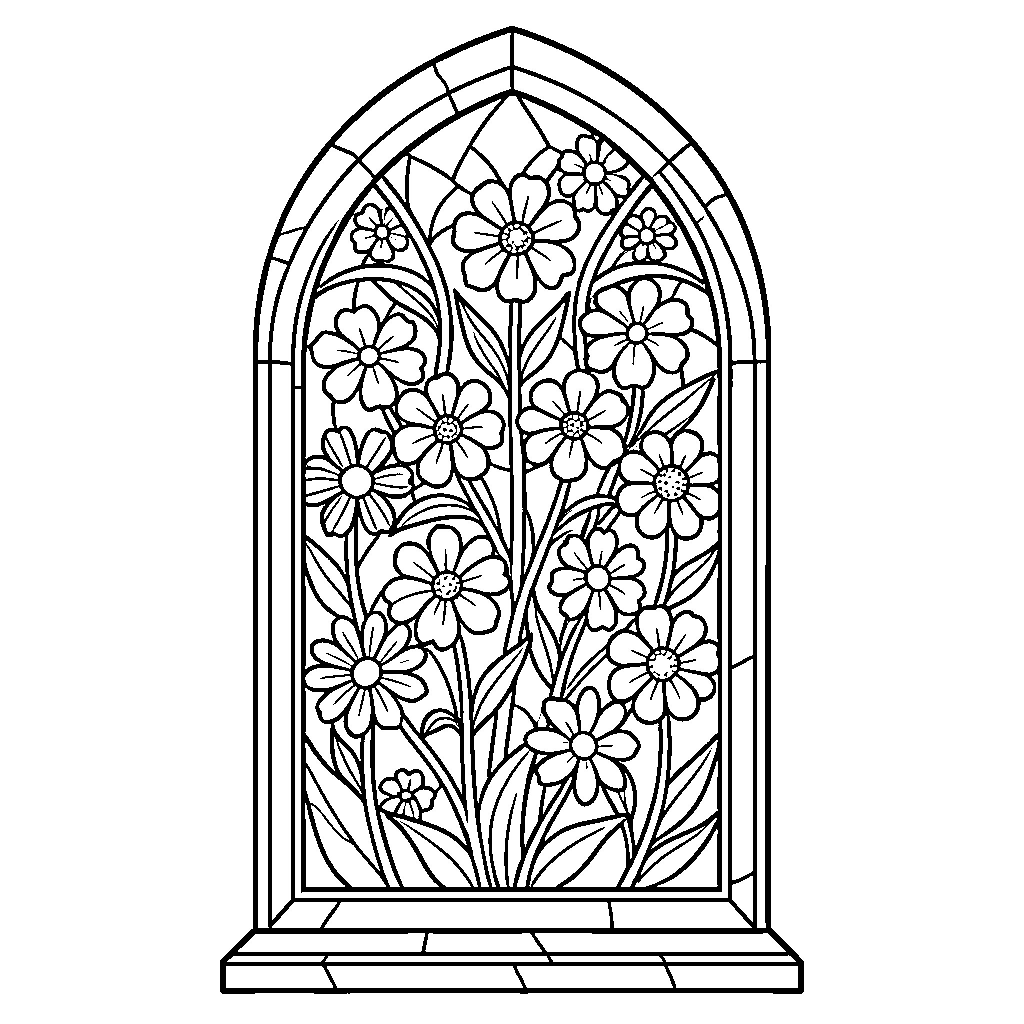 Flower stained glass window Coloring Page (free black-and-white line drawing printable PDF for all, from beginners to advanced learners, including children, teens, adults, and seniors)