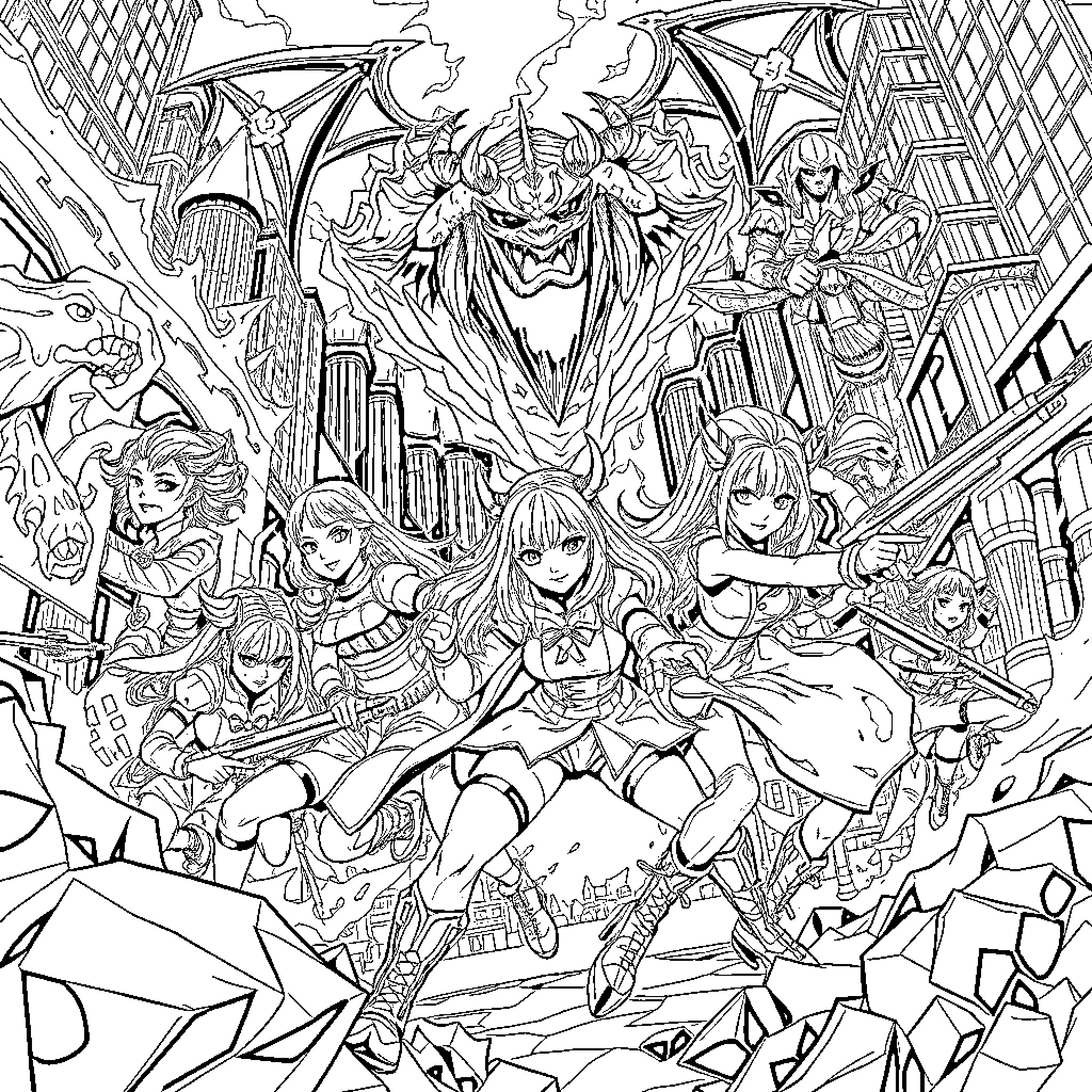 Huntrix: Heroines Battling Monstrous Foes in Fantastical Cityscape Coloring Page (free black-and-white line drawing printable PDF for all, from beginners to advanced learners, including children, teens, adults, and seniors)