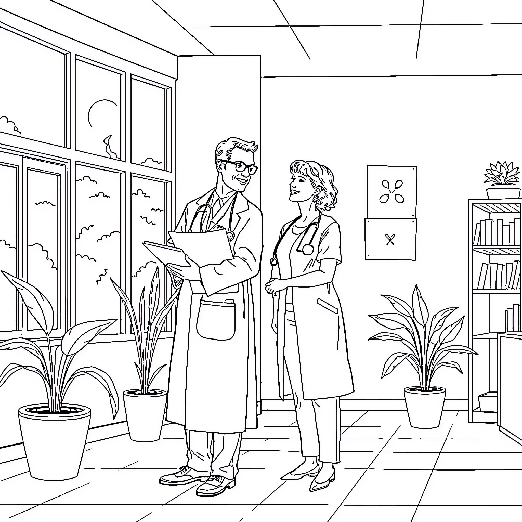 Doctor Discussing Medical Treatment with Patient Coloring Page (free black-and-white line drawing printable PDF for all, from beginners to advanced learners, including children, teens, adults, and seniors)