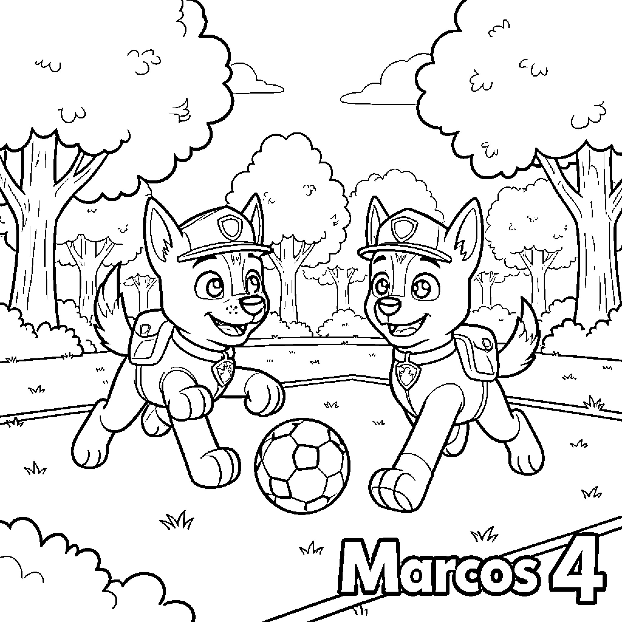 Paw Patrol pups playing soccer in a park Coloring Page (free black-and-white line drawing printable PDF for all, from beginners to advanced learners, including children, teens, adults, and seniors)