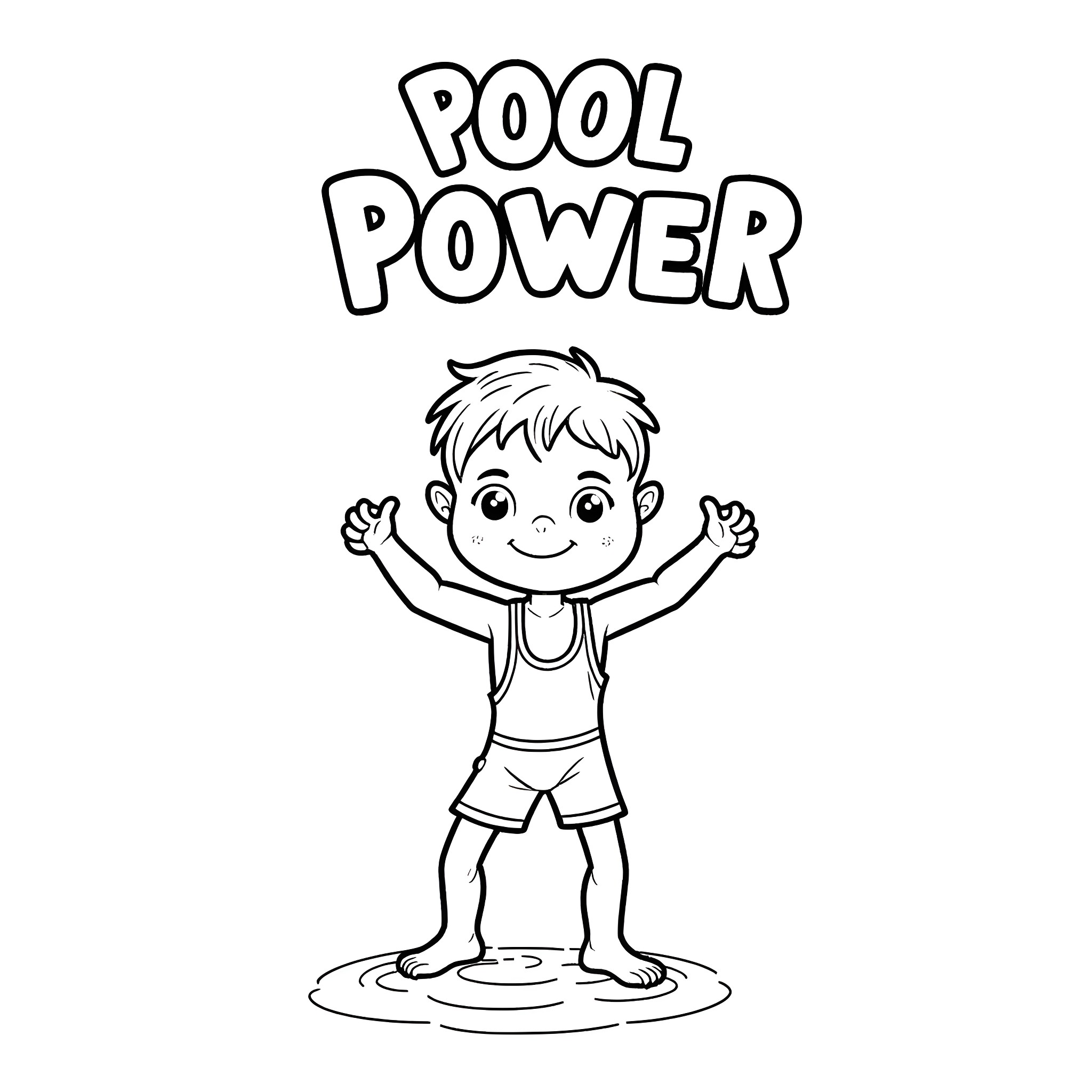 Boy celebrating Pool Power in swimsuit Coloring Page (free black-and-white line drawing printable PDF for all, from beginners to advanced learners, including children, teens, adults, and seniors)