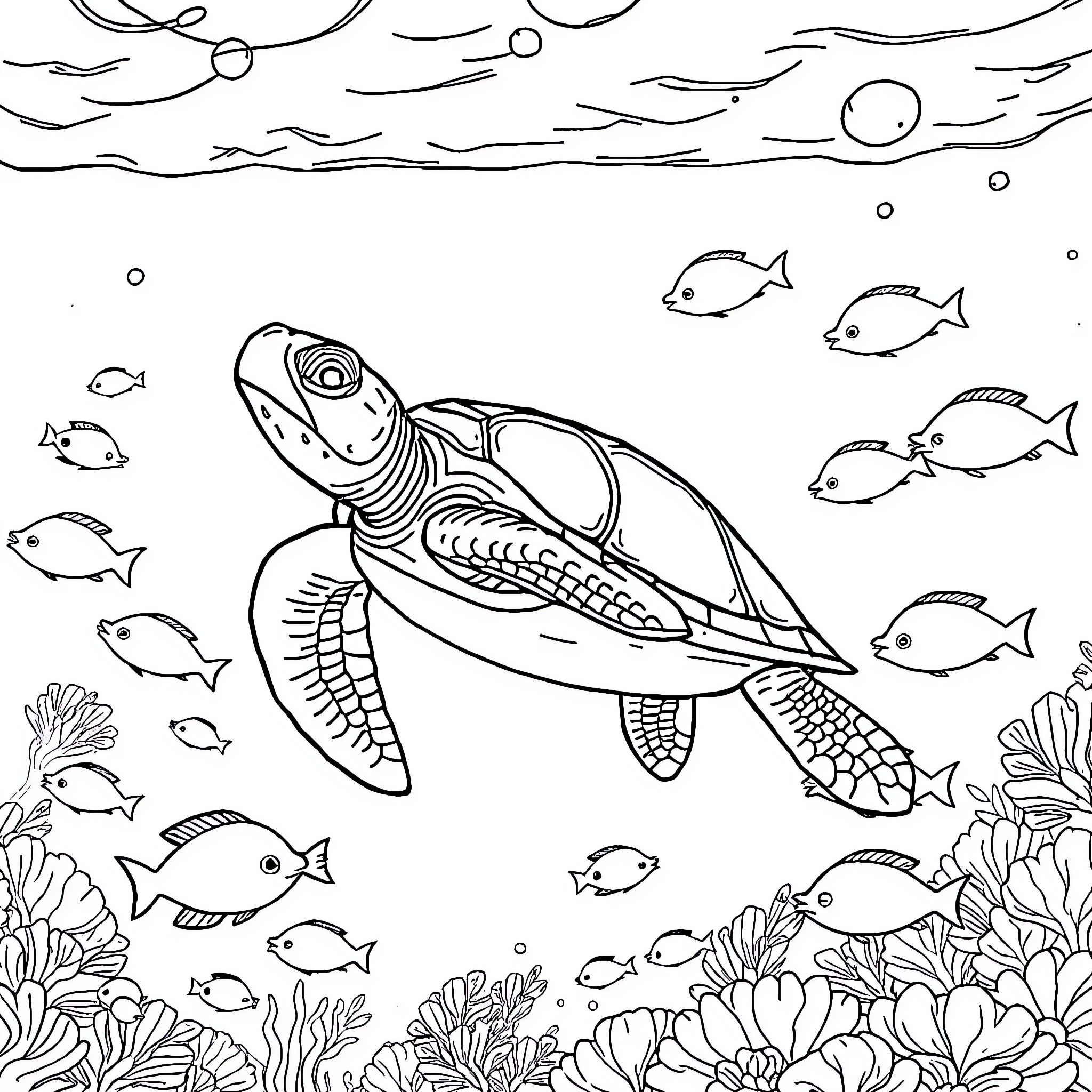 Sea Turtle swimming among colorful underwater creatures Coloring Page (free black-and-white line drawing printable PDF for all, from beginners to advanced learners, including children, teens, adults, and seniors)