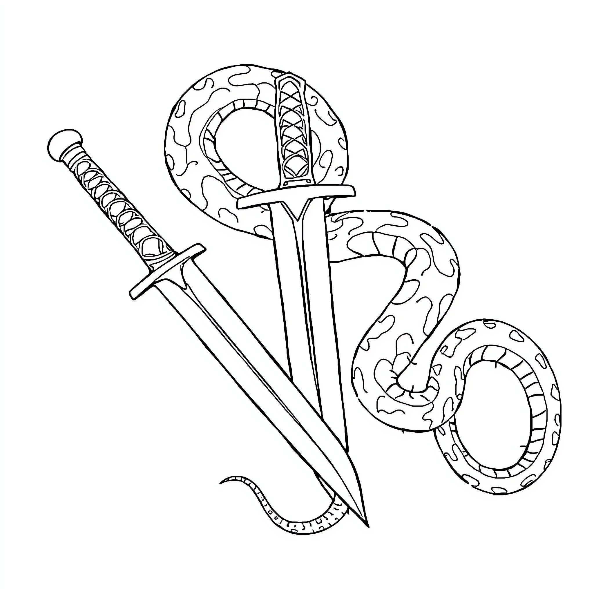 Dagger and snake imagery with intricate patterns Coloring Page (free black-and-white line drawing printable PDF for all, from beginners to advanced learners, including children, teens, adults, and seniors)