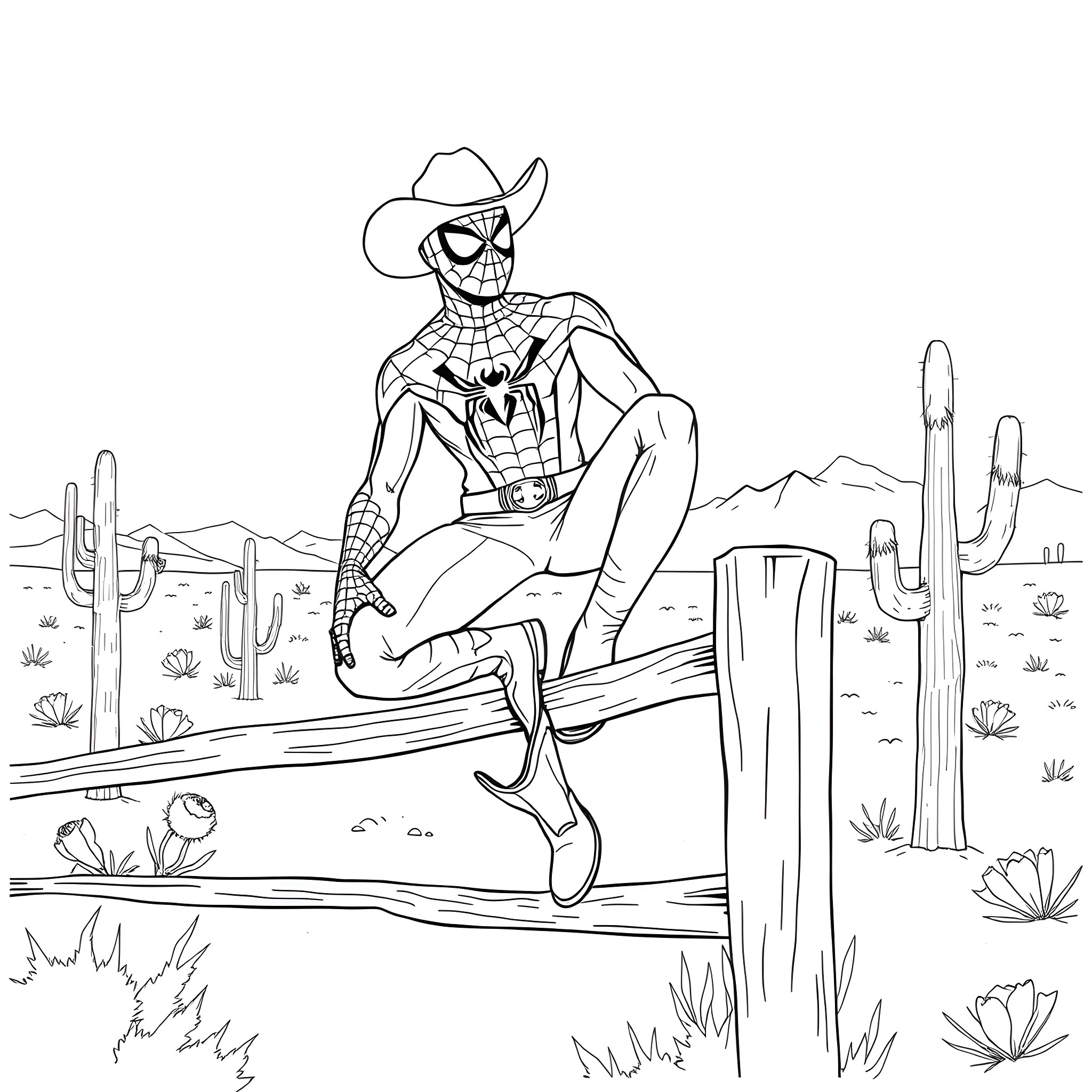 Spider-Man as a Cowboy in the Desert Coloring Page (free black-and-white line drawing printable PDF for all, from beginners to advanced learners, including children, teens, adults, and seniors)
