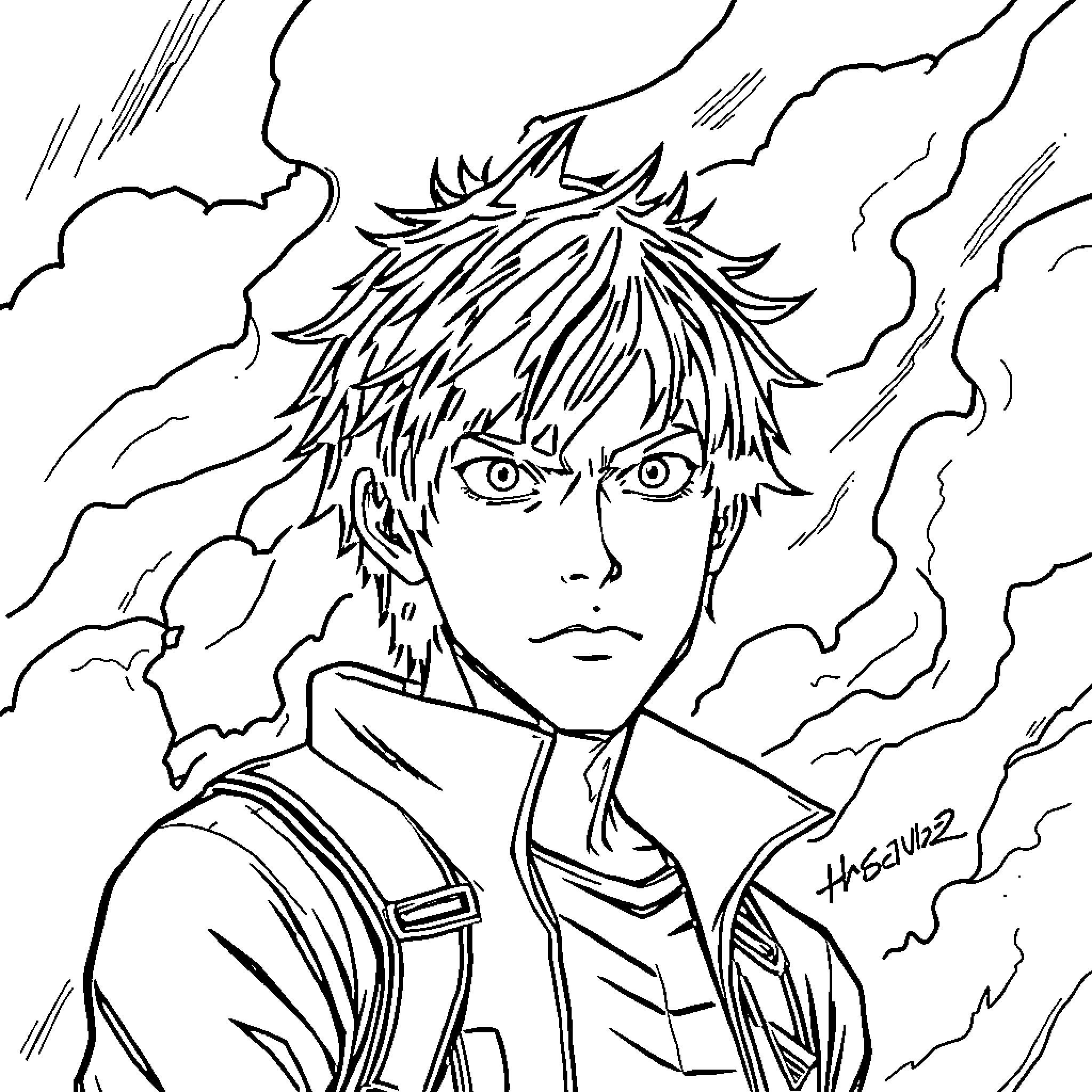 Eren Yager's Intense Gaze Amidst Turbulent Surroundings Coloring Page (free black-and-white line drawing printable PDF for all, from beginners to advanced learners, including children, teens, adults, and seniors)