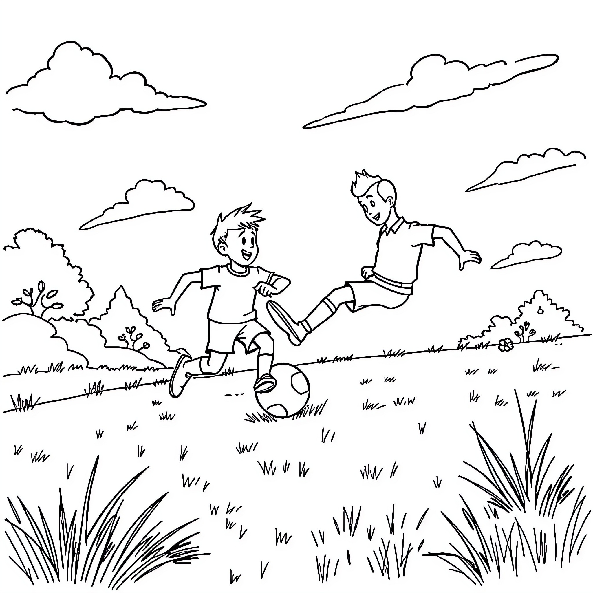 Chase of playful boys in the park Coloring Page (free black-and-white line drawing printable PDF for all, from beginners to advanced learners, including children, teens, adults, and seniors)