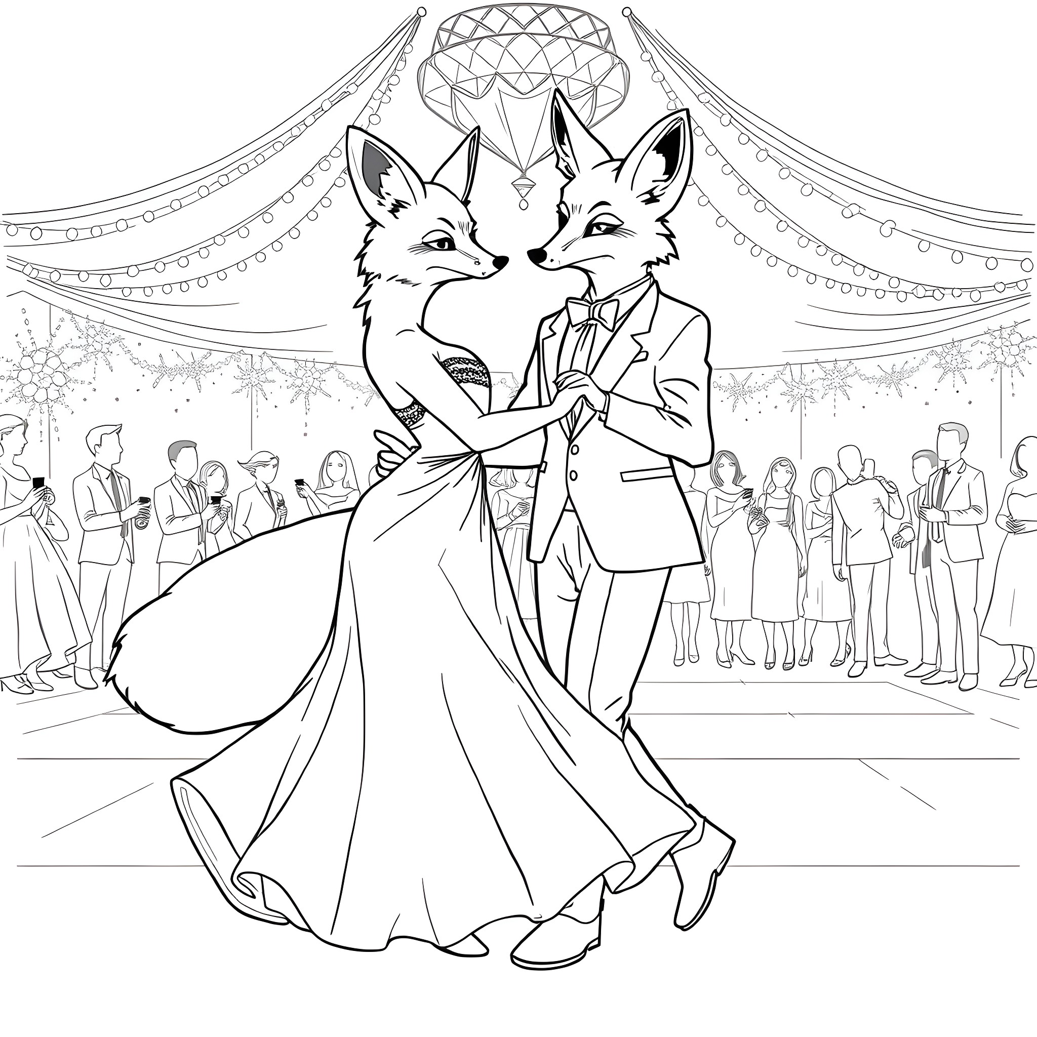 Fox couple dancing at a formal event Coloring Page (free black-and-white line drawing printable PDF for all, from beginners to advanced learners, including children, teens, adults, and seniors)