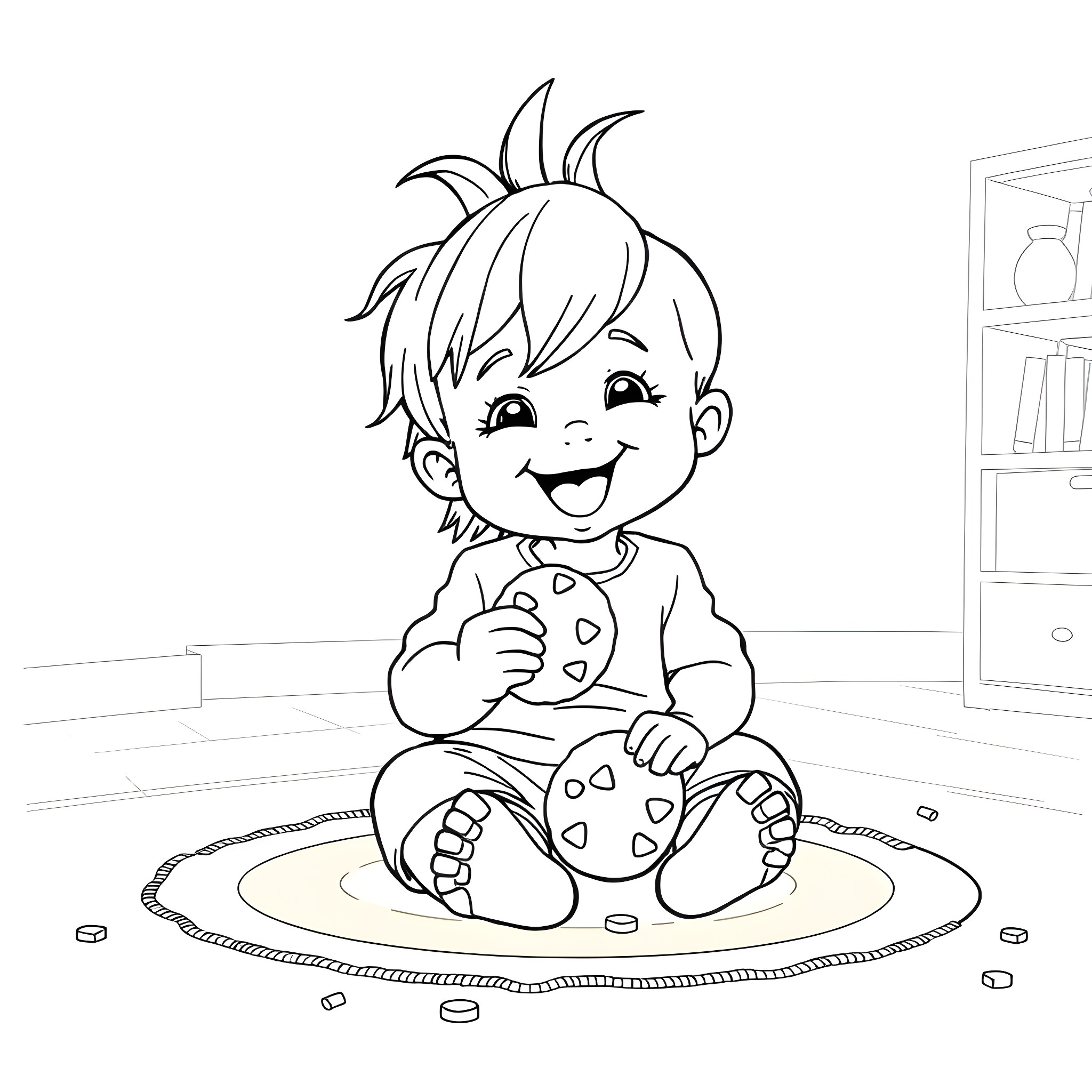 Toddler playing happily on the floor Coloring Page (free black-and-white line drawing printable PDF for all, from beginners to advanced learners, including children, teens, adults, and seniors)