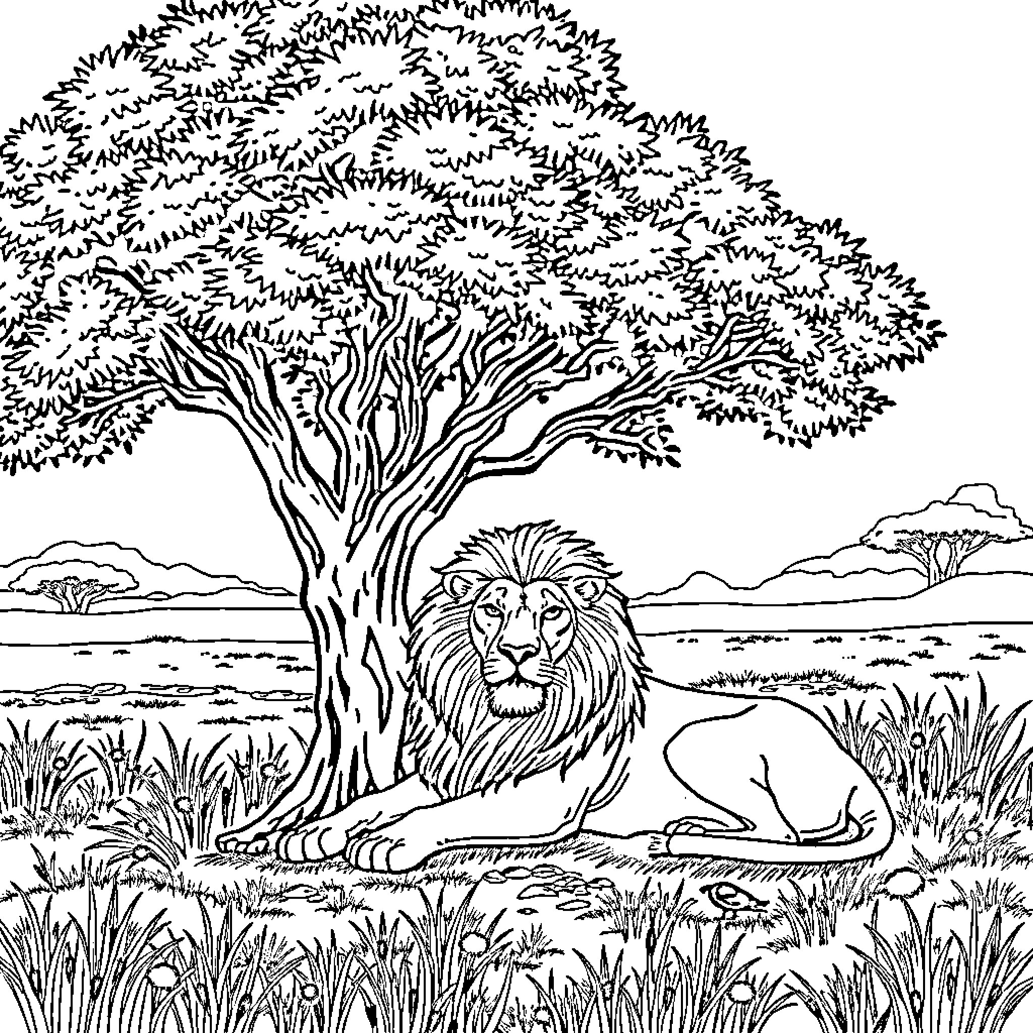 Lion resting peacefully under a majestic tree Coloring Page (free black-and-white line drawing printable PDF for all, from beginners to advanced learners, including children, teens, adults, and seniors)