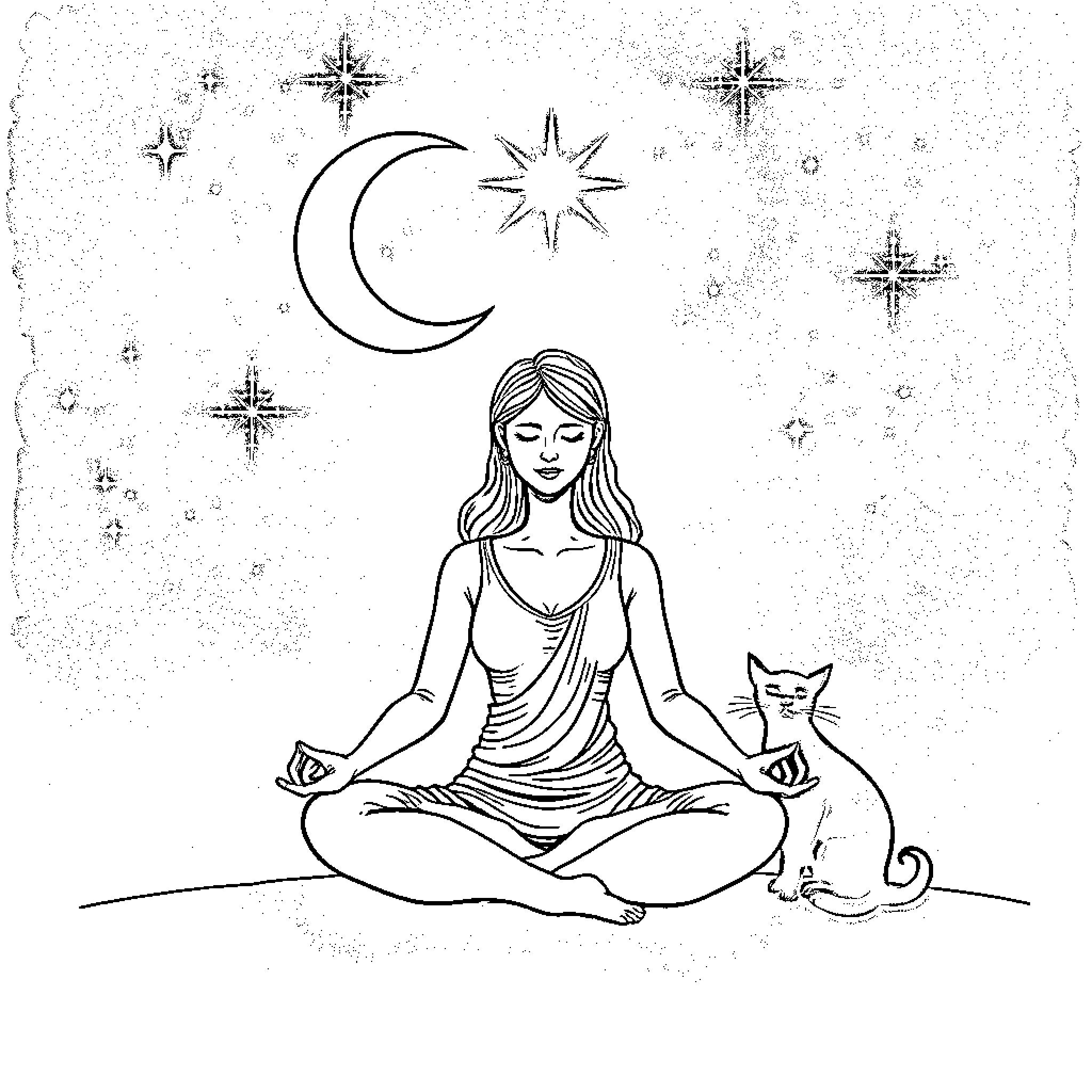 Woman meditating peacefully under starry night sky Coloring Page (free black-and-white line drawing printable PDF for all, from beginners to advanced learners, including children, teens, adults, and seniors)