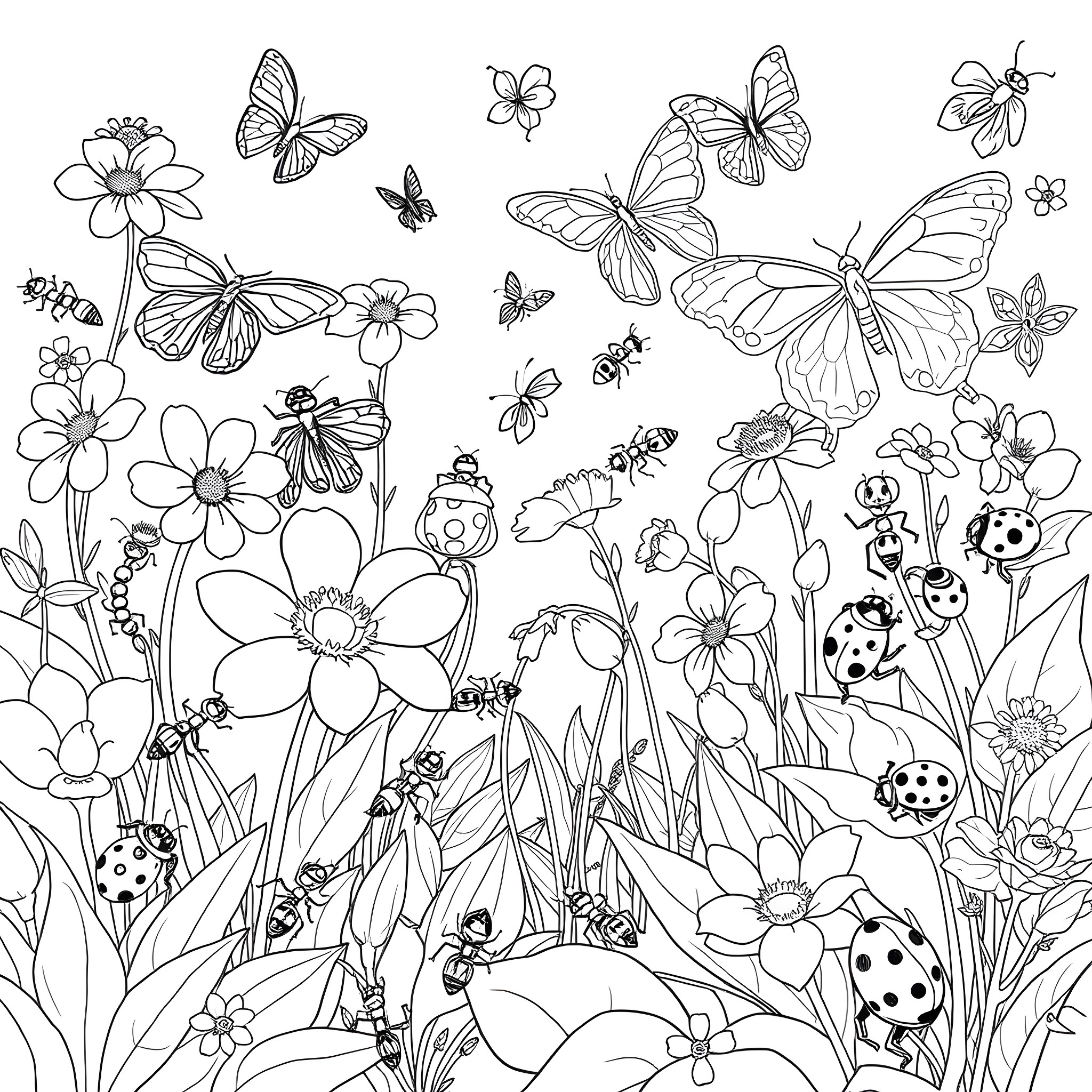 Insect Garden with Flowers and Butterflies Coloring Page (free black-and-white line drawing printable PDF for all, from beginners to advanced learners, including children, teens, adults, and seniors)