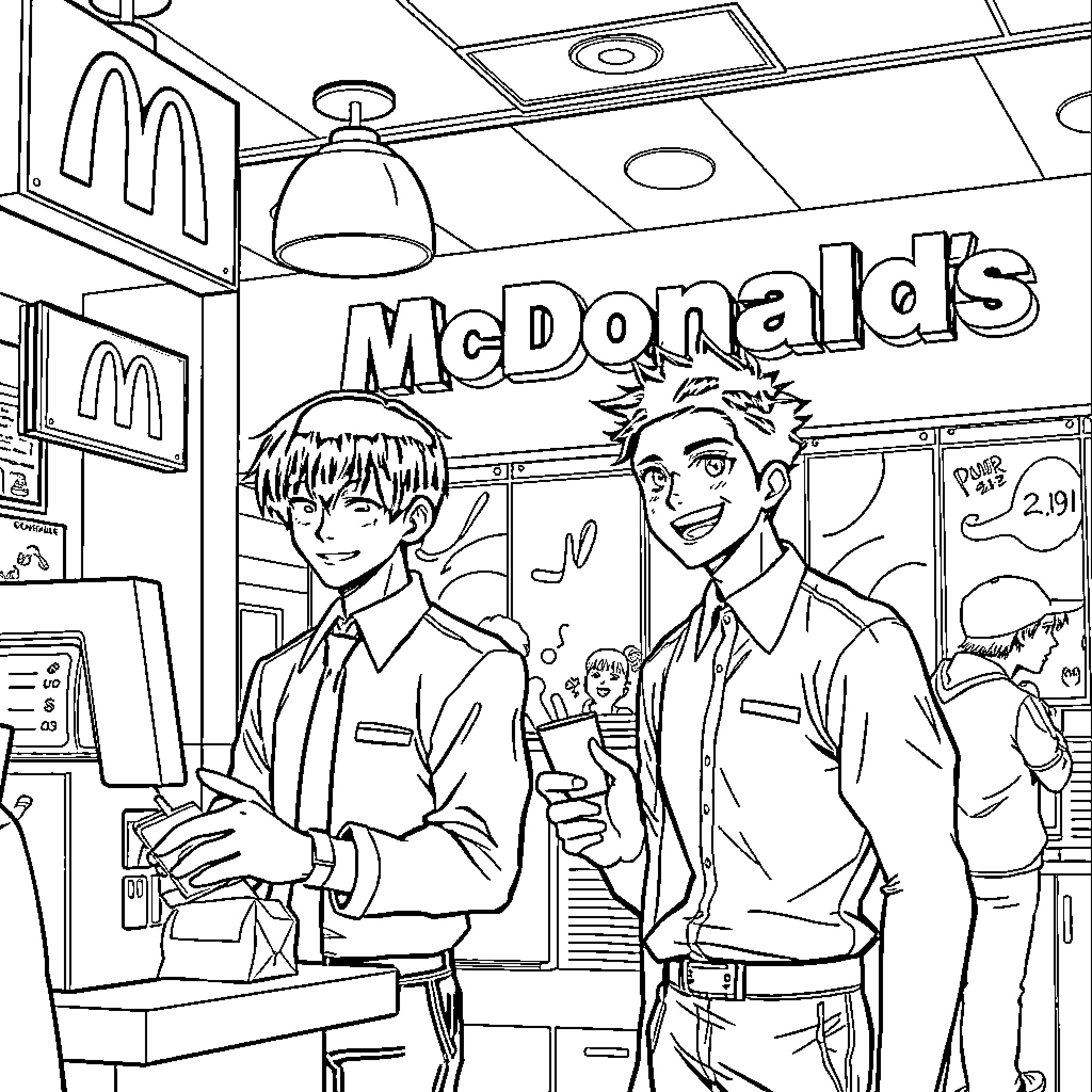 Saitama Workers Serving Customers at McDonald's Coloring Page (free black-and-white line drawing printable PDF for all, from beginners to advanced learners, including children, teens, adults, and seniors)