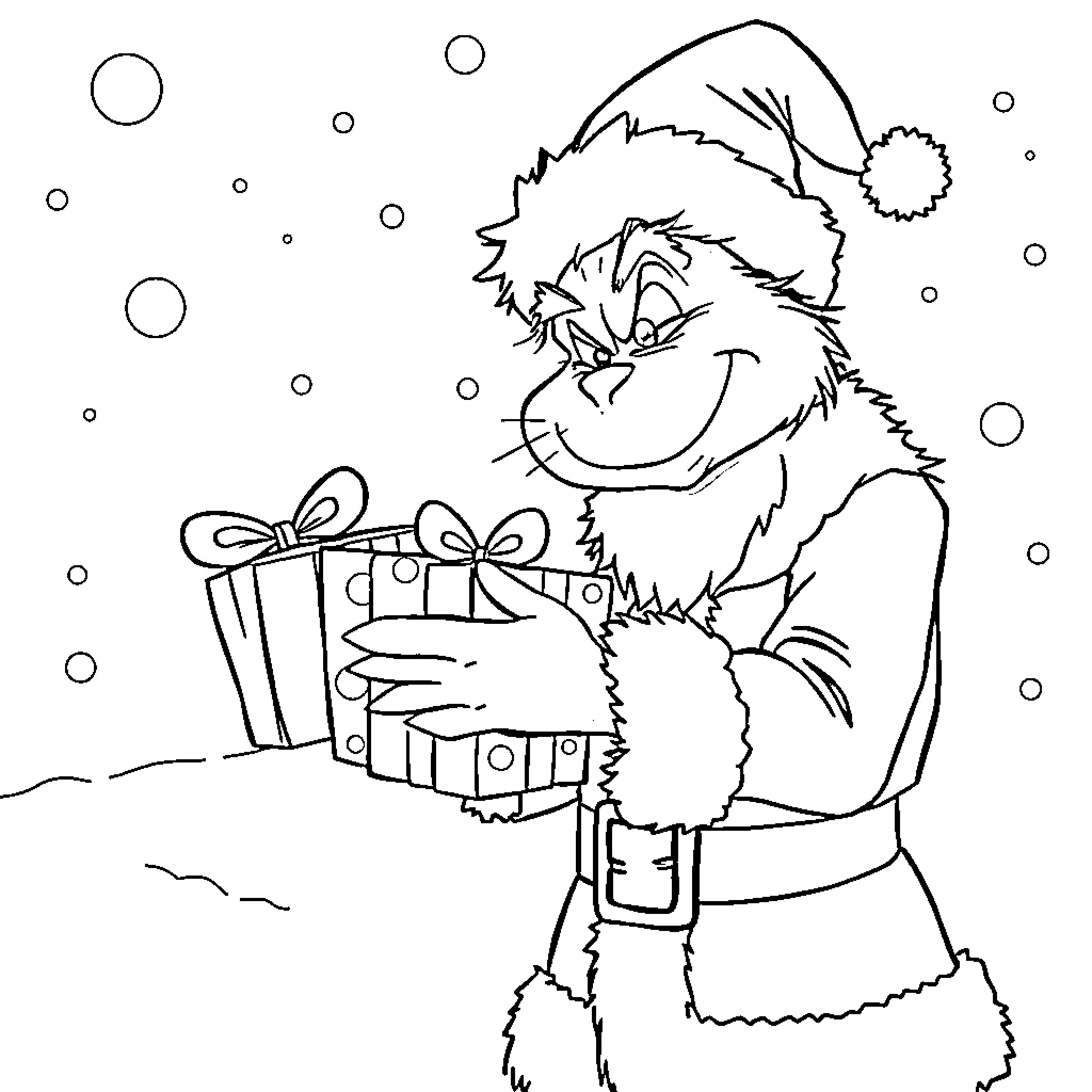 Santa offering Christmas gifts in the snow Coloring Page (free black-and-white line drawing printable PDF for all, from beginners to advanced learners, including children, teens, adults, and seniors)
