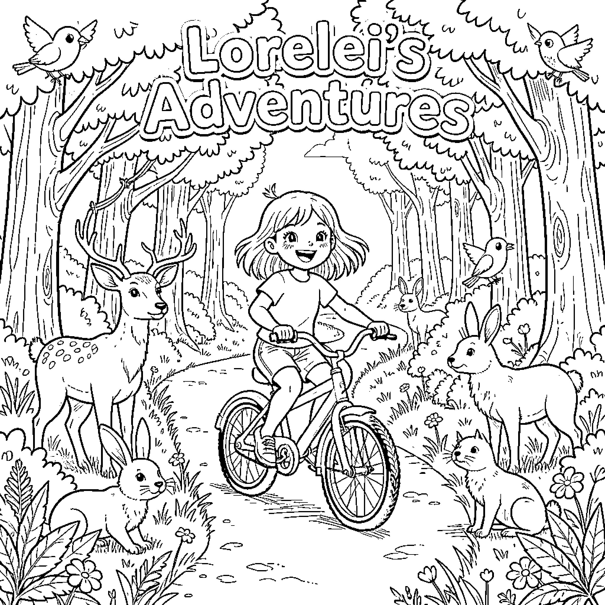 Girl exploring nature on bicycle in the forest Coloring Page (free black-and-white line drawing printable PDF for all, from beginners to advanced learners, including children, teens, adults, and seniors)