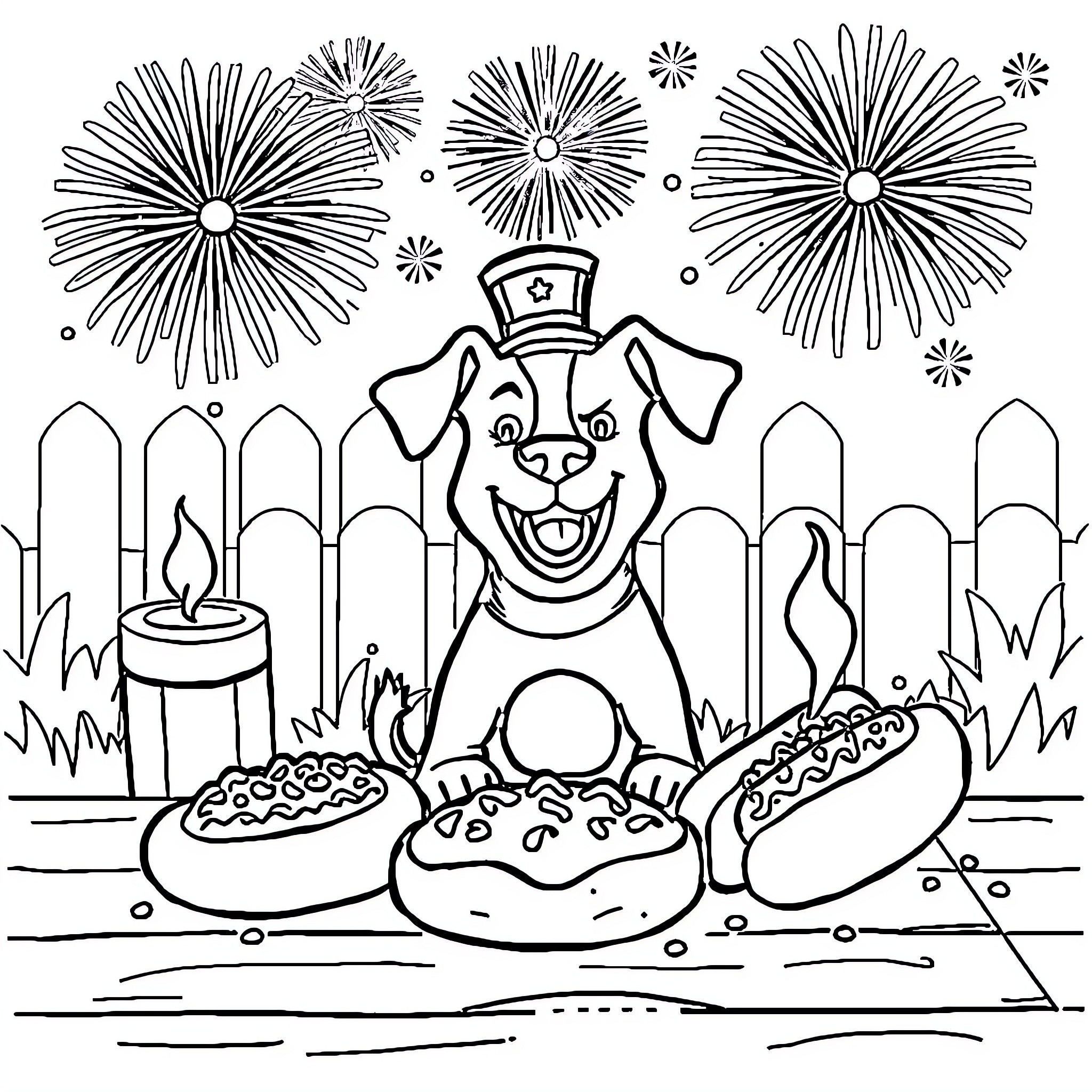 Bullseye: Playful Pup Enjoys Festive Treats Coloring Page (free black-and-white line drawing printable PDF for all, from beginners to advanced learners, including children, teens, adults, and seniors)