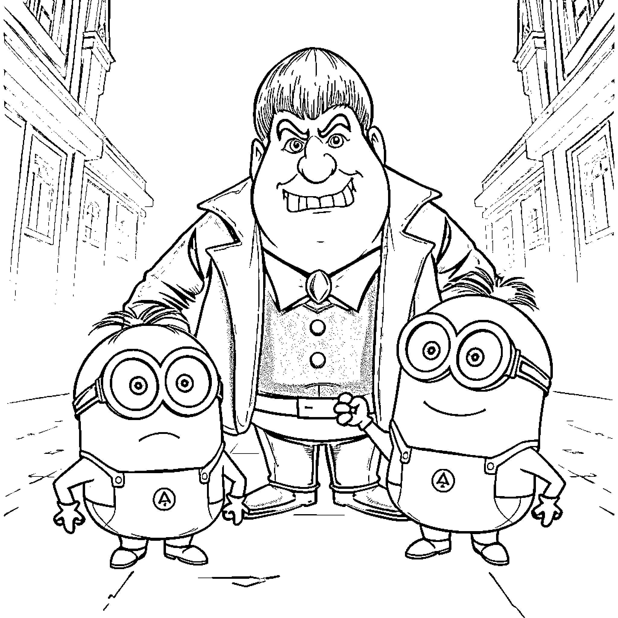 Despicable Me Trio's Comical Encounter Coloring Page (free black-and-white line drawing printable PDF for all, from beginners to advanced learners, including children, teens, adults, and seniors)