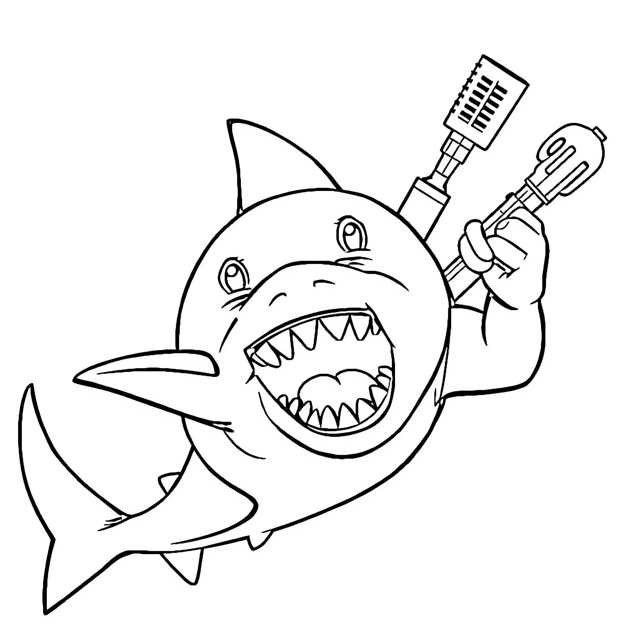 Shark cooking with kitchen utensils Coloring Page (free black-and-white line drawing printable PDF for all, from beginners to advanced learners, including children, teens, adults, and seniors)