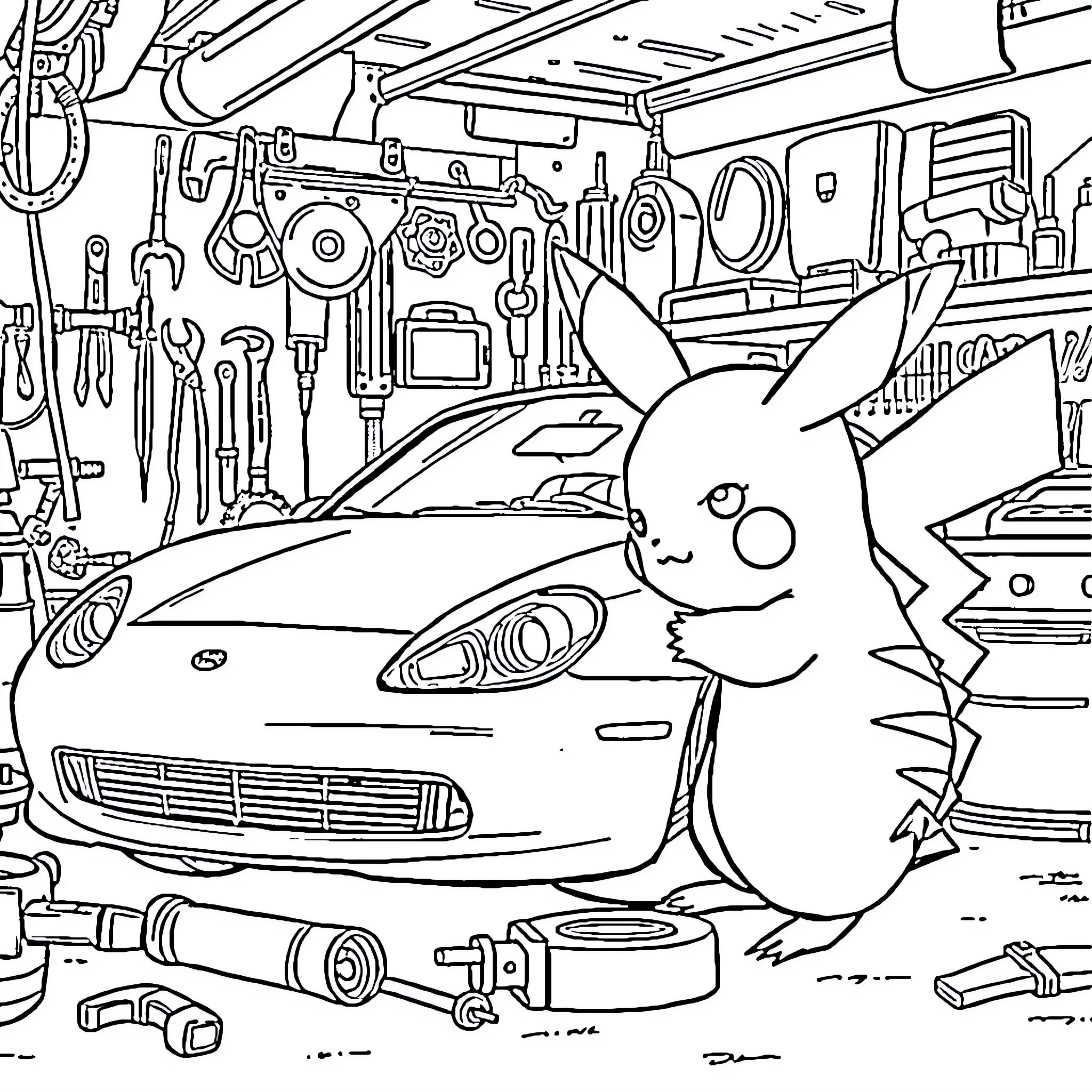 Pikachu in the Garage Workshop Coloring Page (free black-and-white line drawing printable PDF for all, from beginners to advanced learners, including children, teens, adults, and seniors)