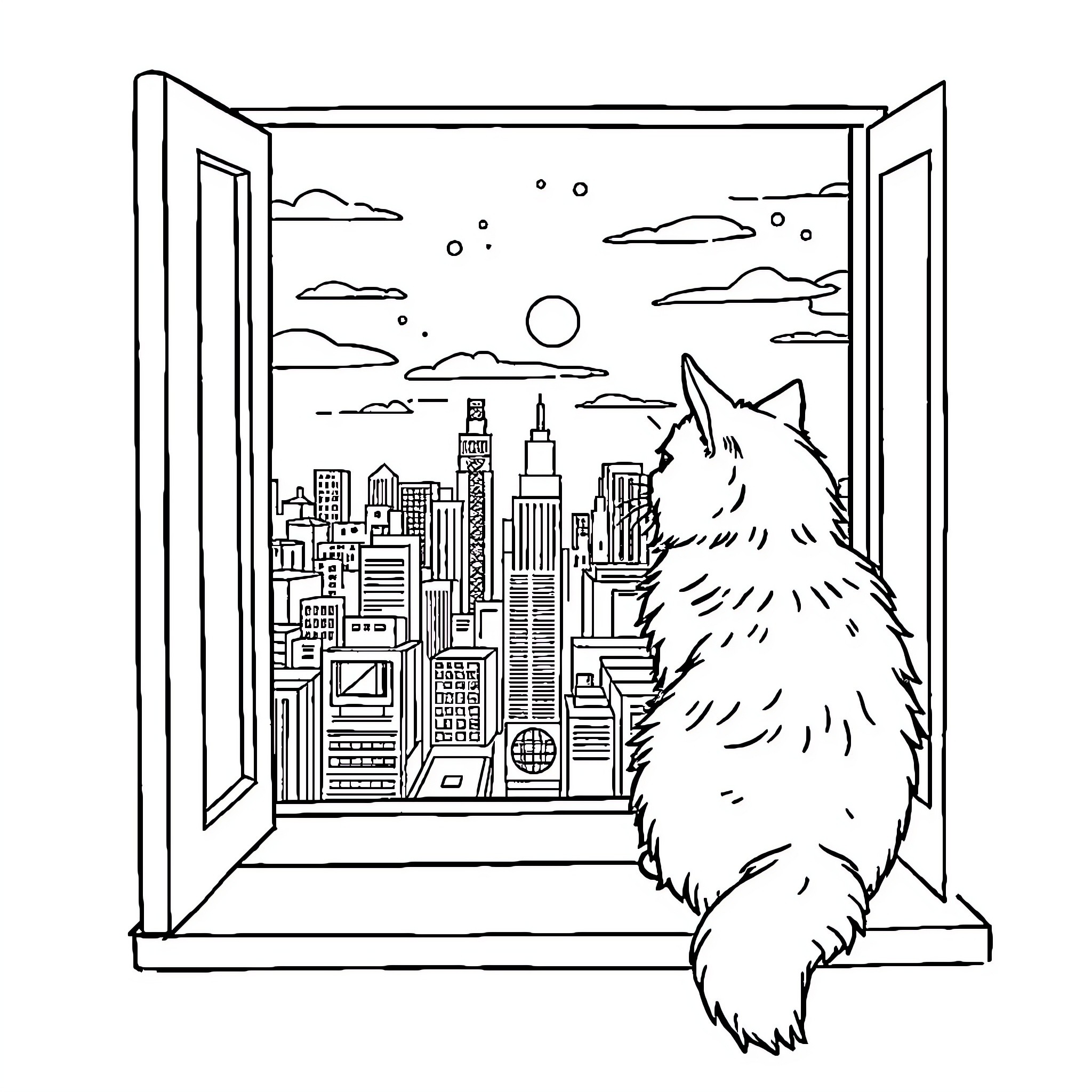 Cat gazing at city skyline from window Coloring Page (free black-and-white line drawing printable PDF for all, from beginners to advanced learners, including children, teens, adults, and seniors)