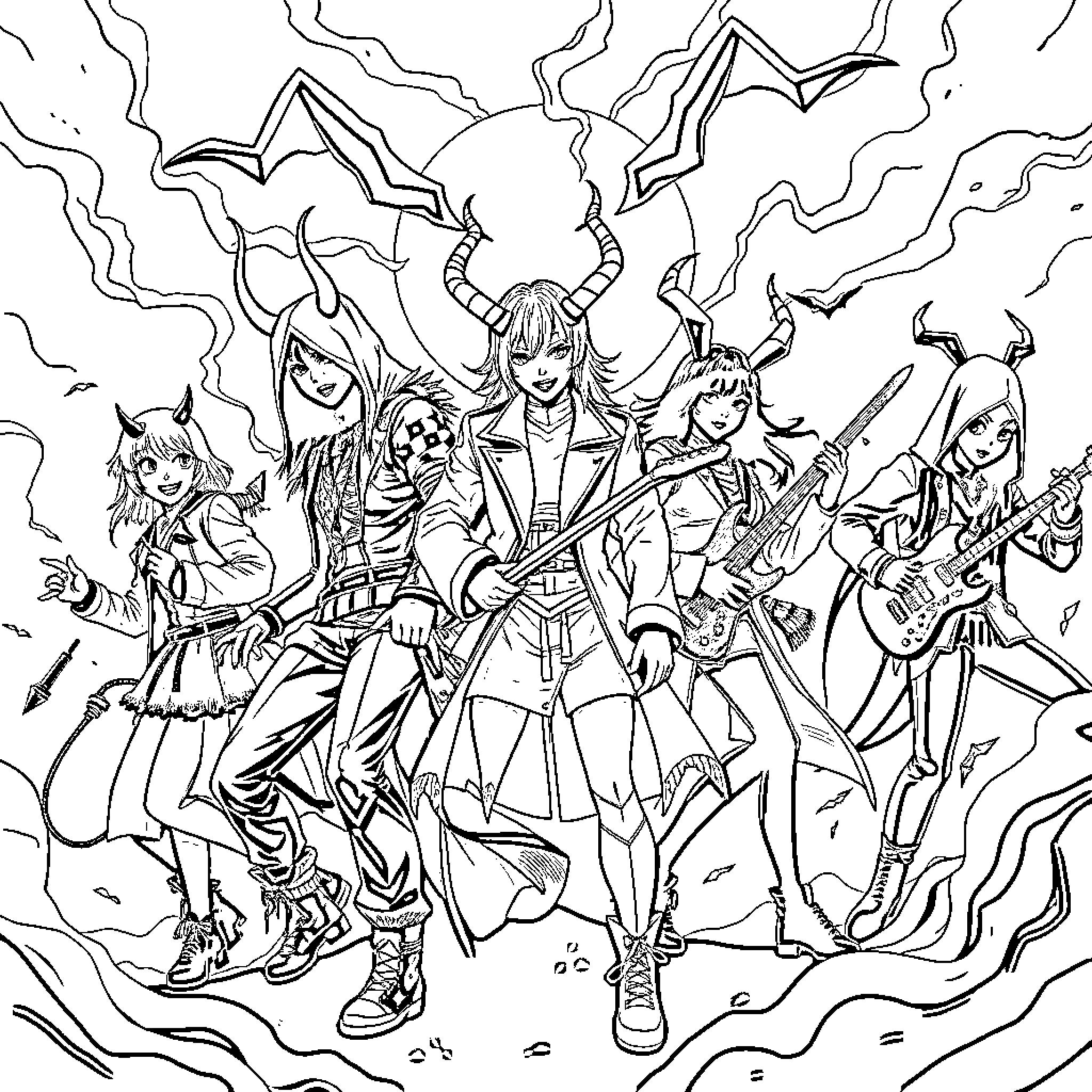 Kpop Demon Hunter: Fierce Fighters Battling Supernatural Forces Coloring Page (free black-and-white line drawing printable PDF for all, from beginners to advanced learners, including children, teens, adults, and seniors)