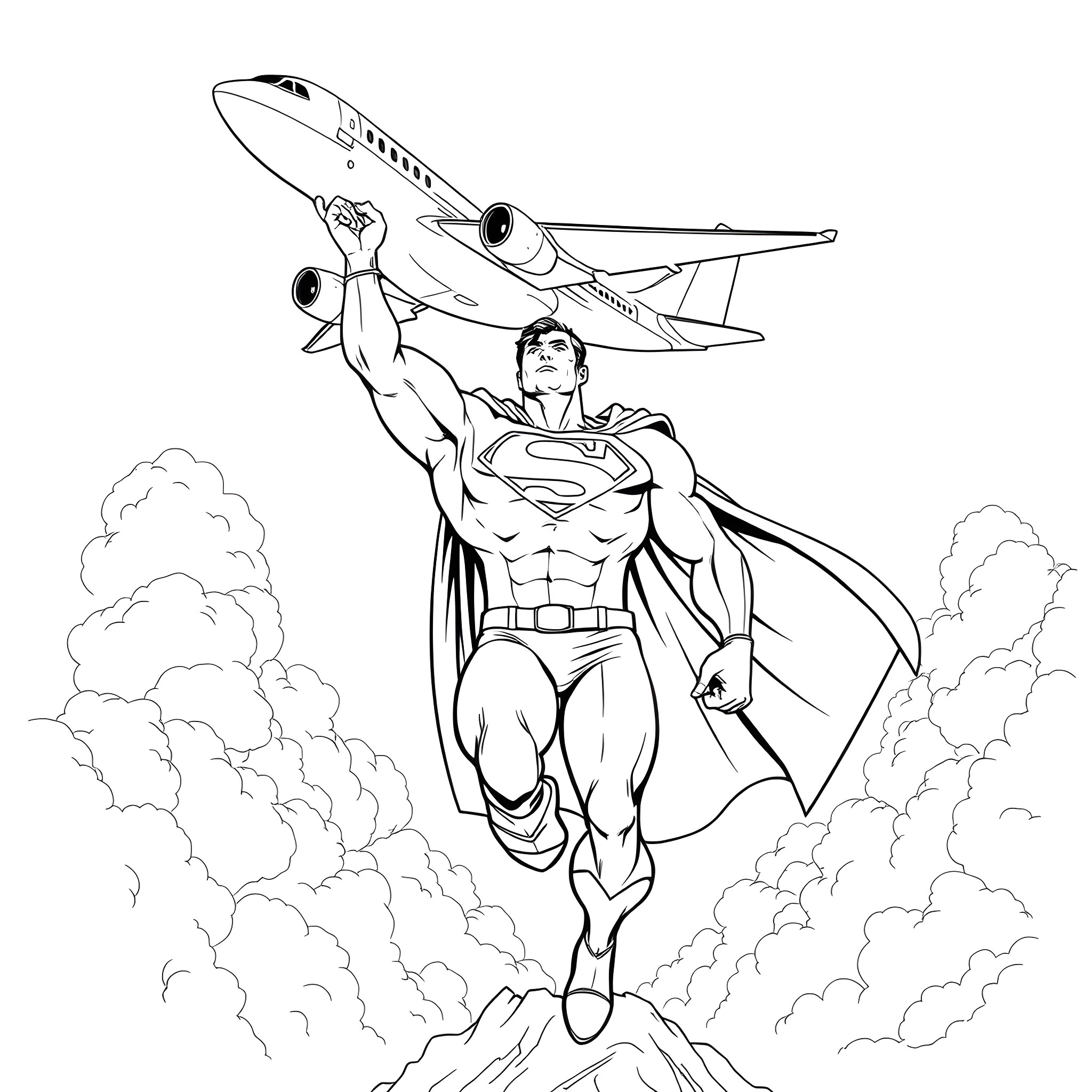 Superman flying heroically with a commercial plane Coloring Page (free black-and-white line drawing printable PDF for all, from beginners to advanced learners, including children, teens, adults, and seniors)