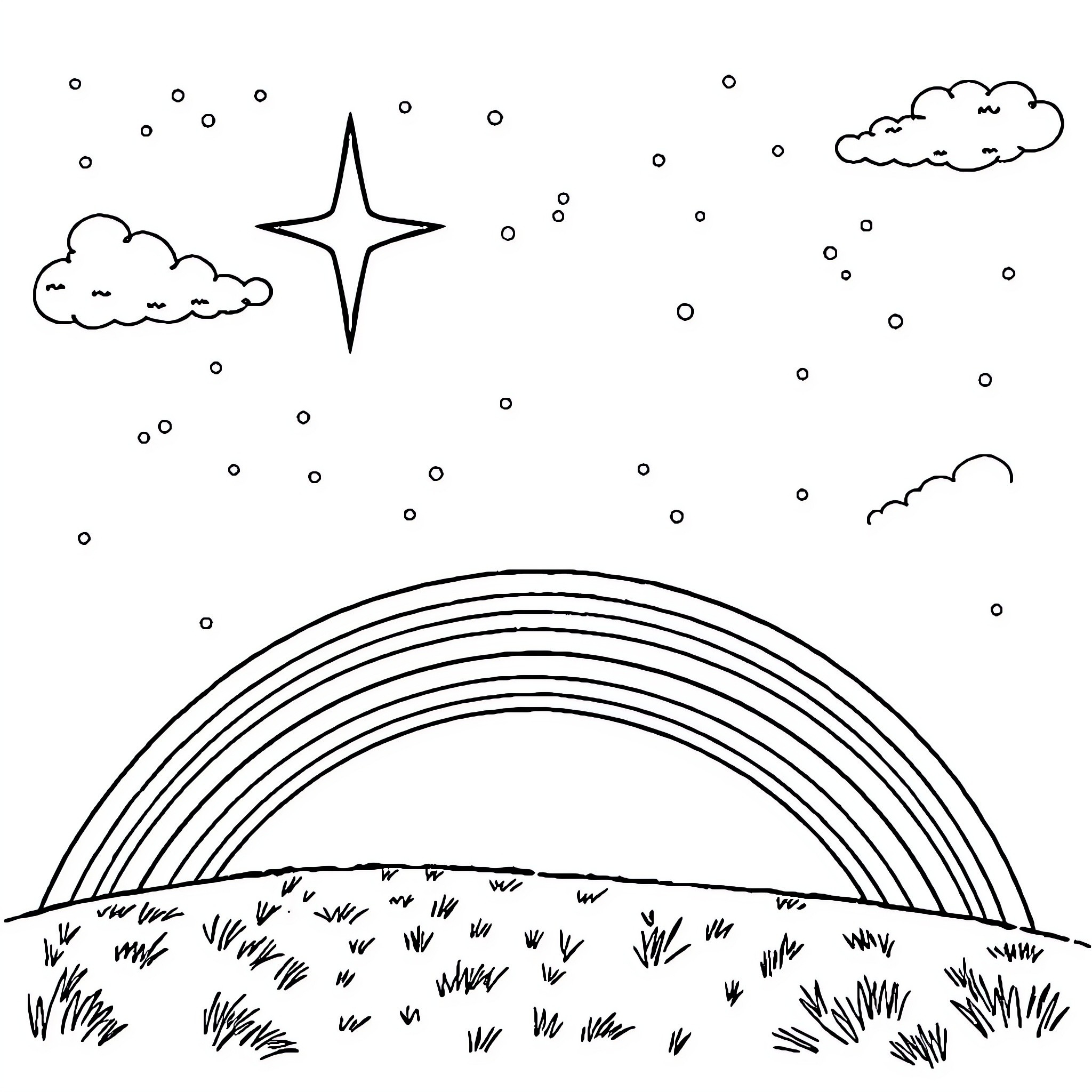 Star-filled Skies and Vibrant Rainbow Coloring Page (free black-and-white line drawing printable PDF for all, from beginners to advanced learners, including children, teens, adults, and seniors)