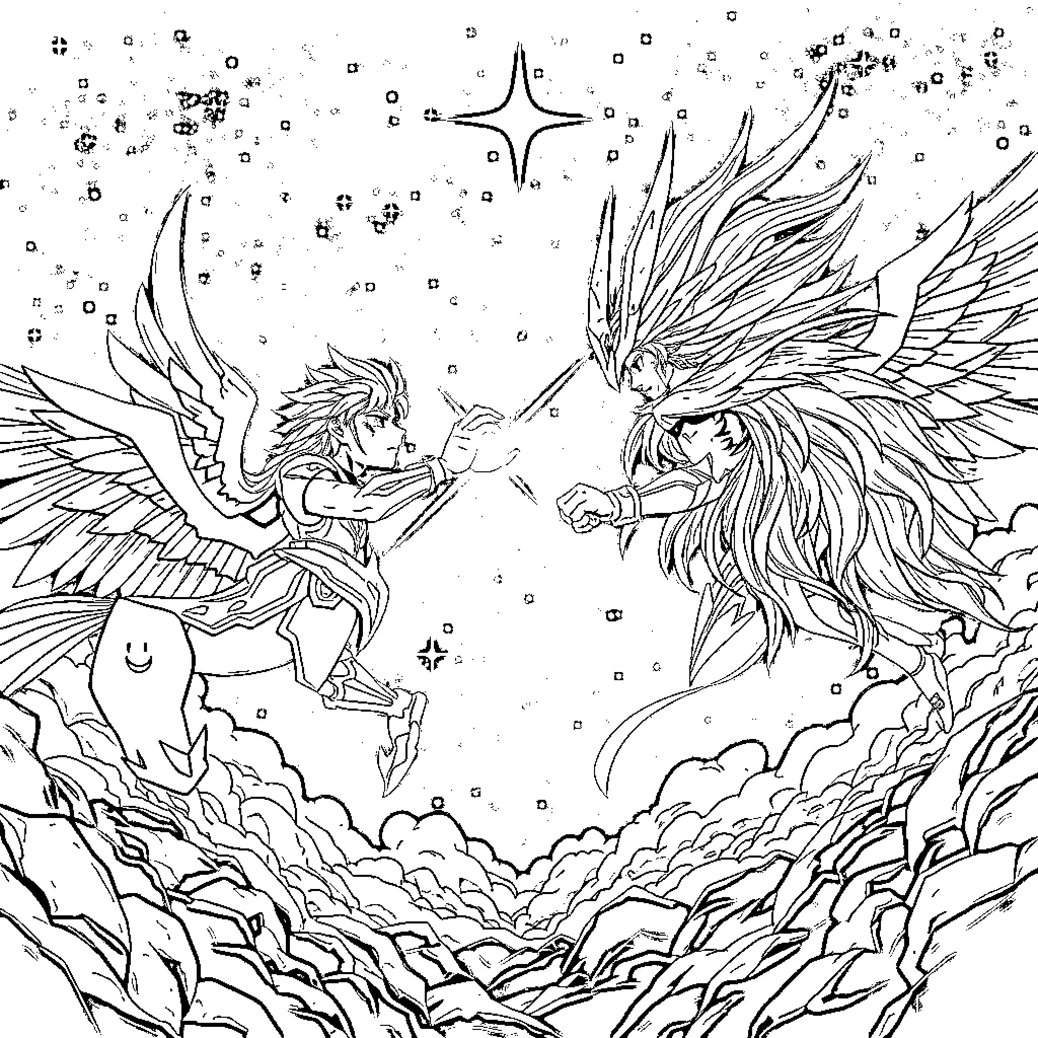 Pegasus creatures in mystical battle amidst the clouds Coloring Page (free black-and-white line drawing printable PDF for all, from beginners to advanced learners, including children, teens, adults, and seniors)