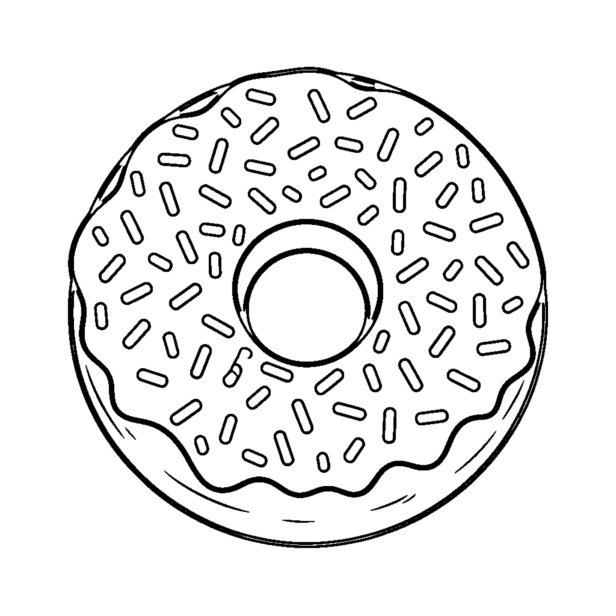 Donut with sprinkles and hole in the middle Coloring Page (free black-and-white line drawing printable PDF for all, from beginners to advanced learners, including children, teens, adults, and seniors)