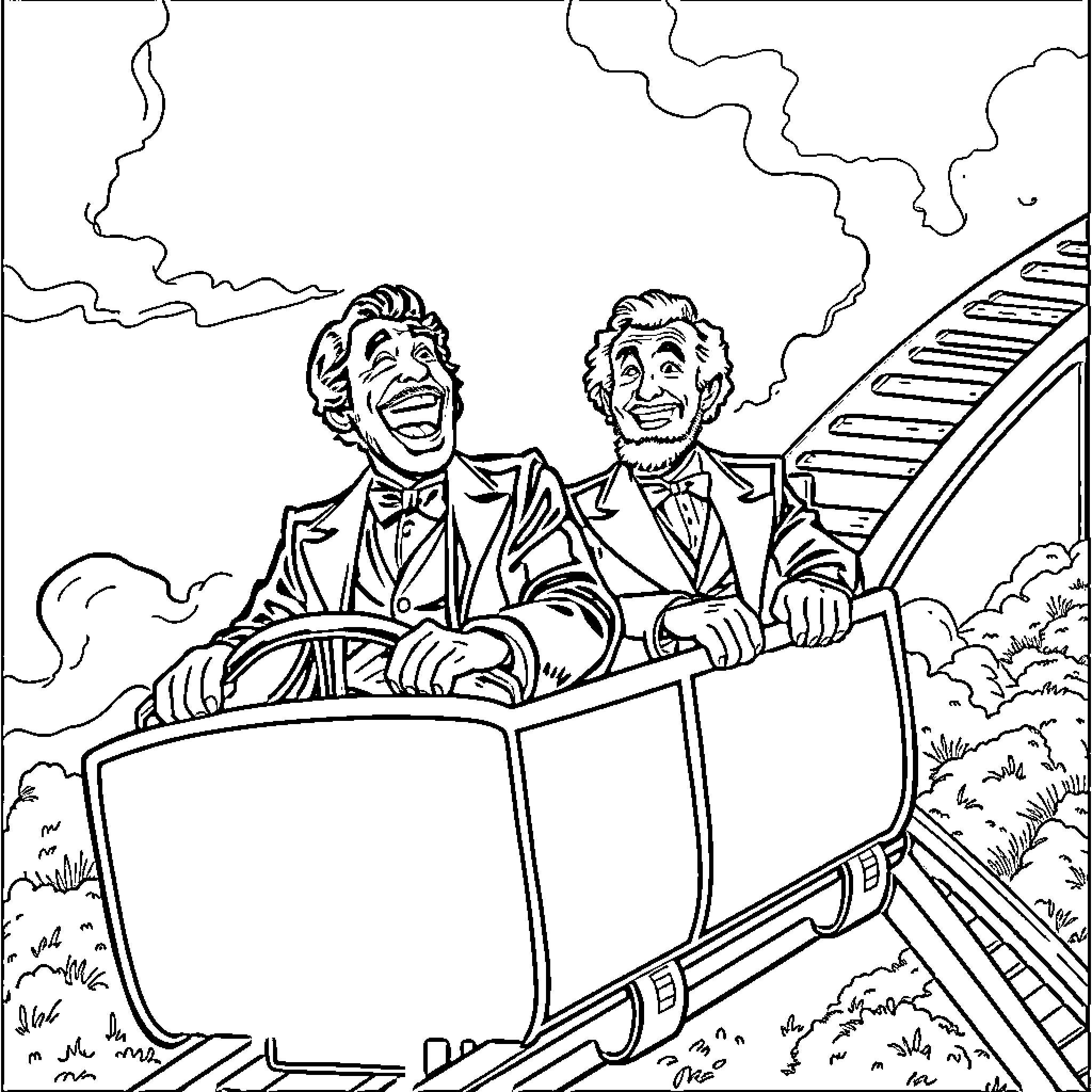 Richard Pryor and Gene Wilder riding an exciting roller coaster Coloring Page (free black-and-white line drawing printable PDF for all, from beginners to advanced learners, including children, teens, adults, and seniors)