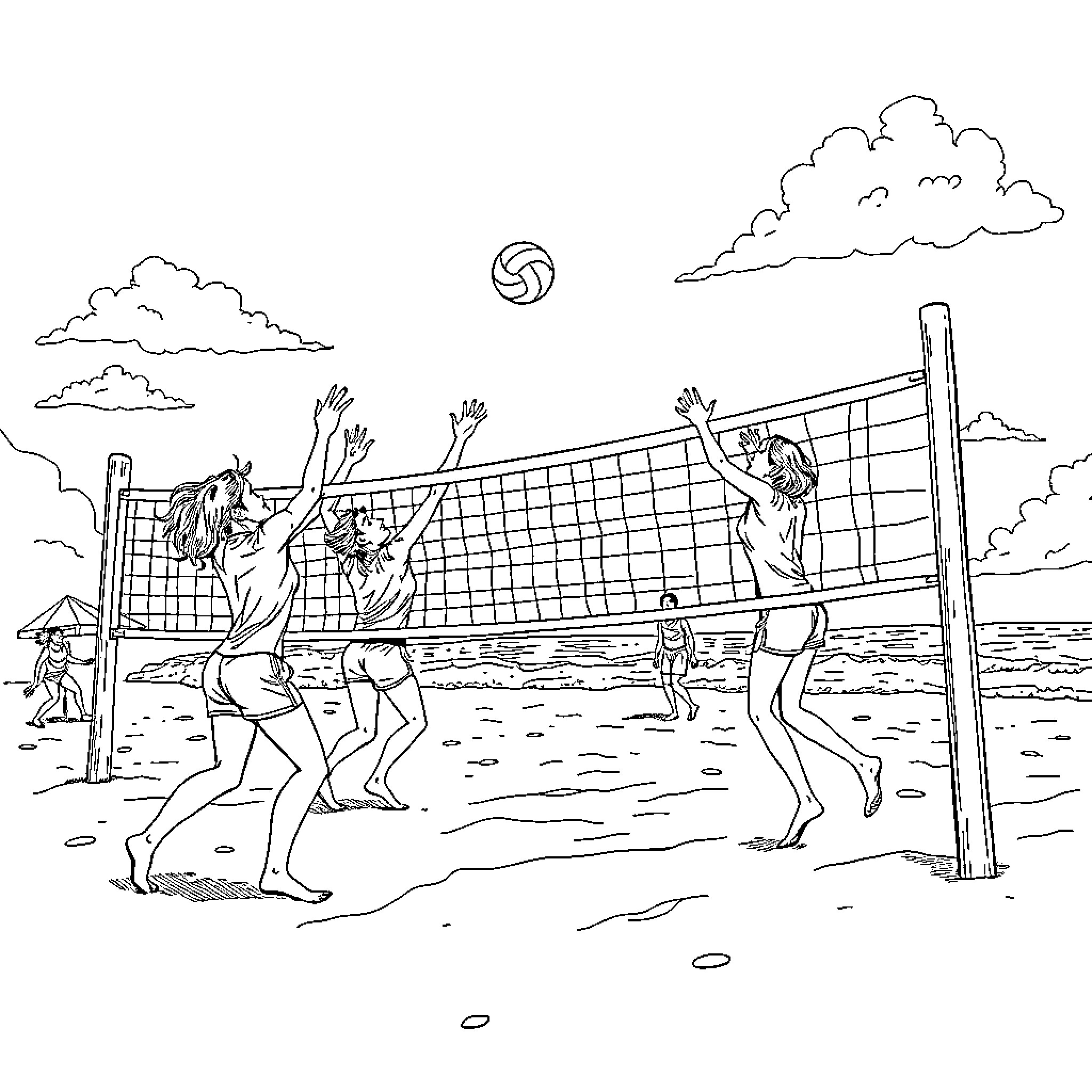 Volleyball players enjoying the game on the beach Coloring Page (free black-and-white line drawing printable PDF for all, from beginners to advanced learners, including children, teens, adults, and seniors)