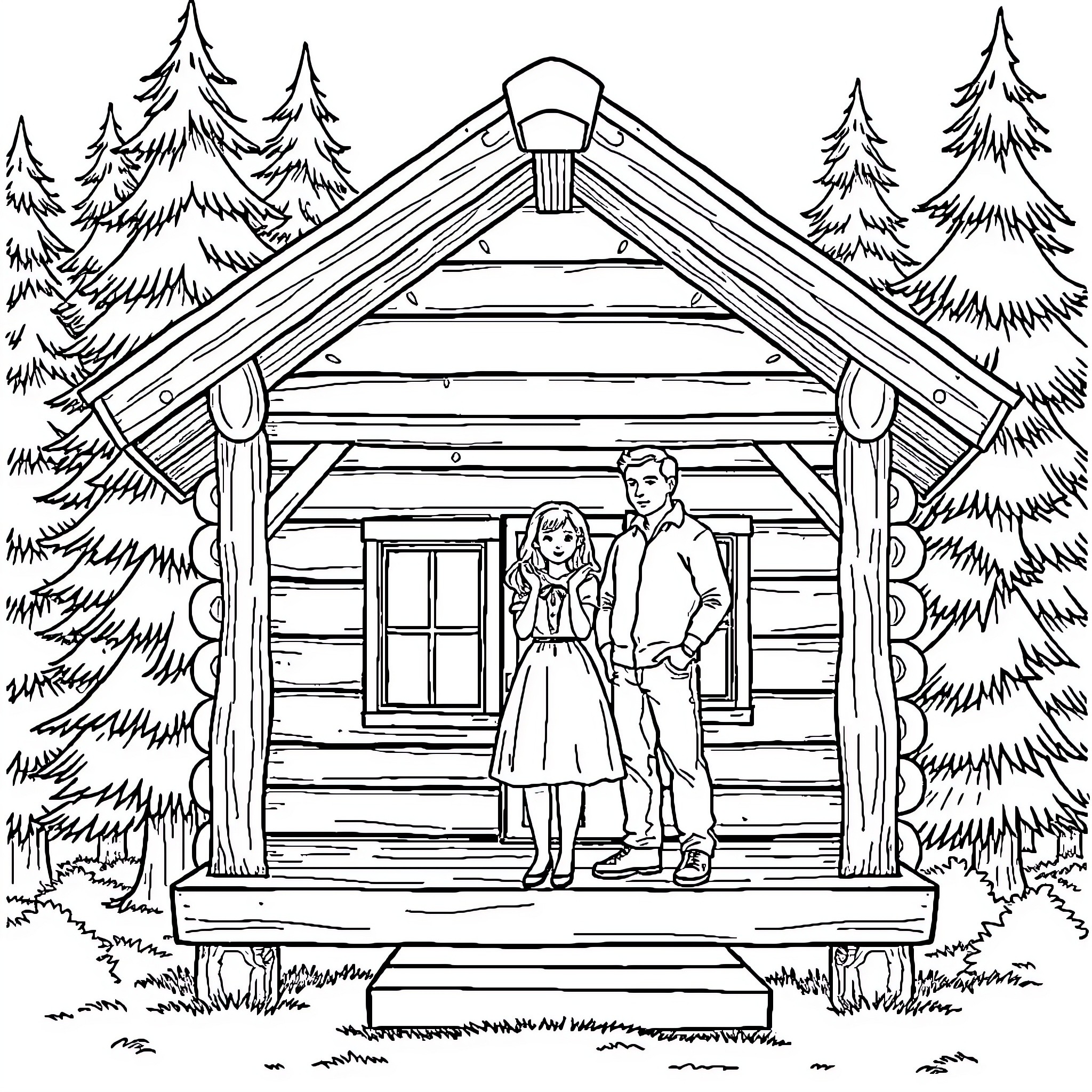 Woman and man stand outside rustic cabin in the woods Coloring Page (free black-and-white line drawing printable PDF for all, from beginners to advanced learners, including children, teens, adults, and seniors)