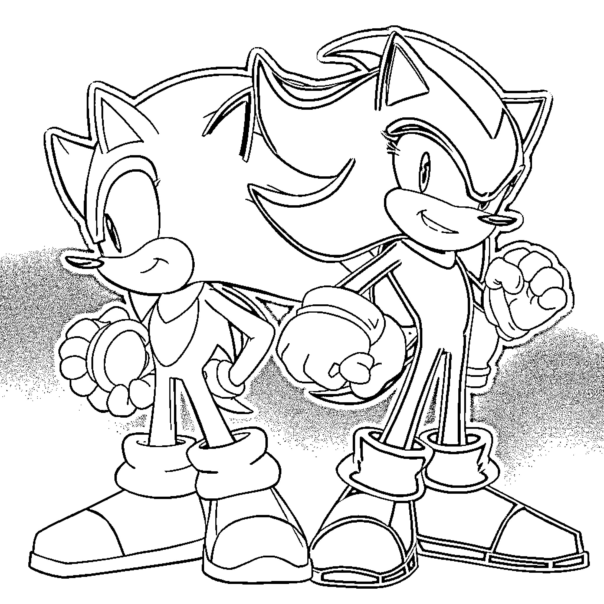 Sonic and Friends in Lively Poses Coloring Page (free black-and-white line drawing printable PDF for all, from beginners to advanced learners, including children, teens, adults, and seniors)