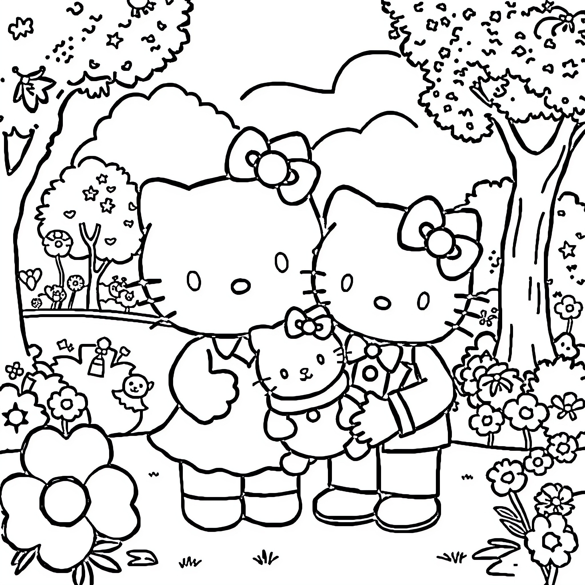 Hello Kitty enjoying a day in the garden Coloring Page (free black-and-white line drawing printable PDF for all, from beginners to advanced learners, including children, teens, adults, and seniors)