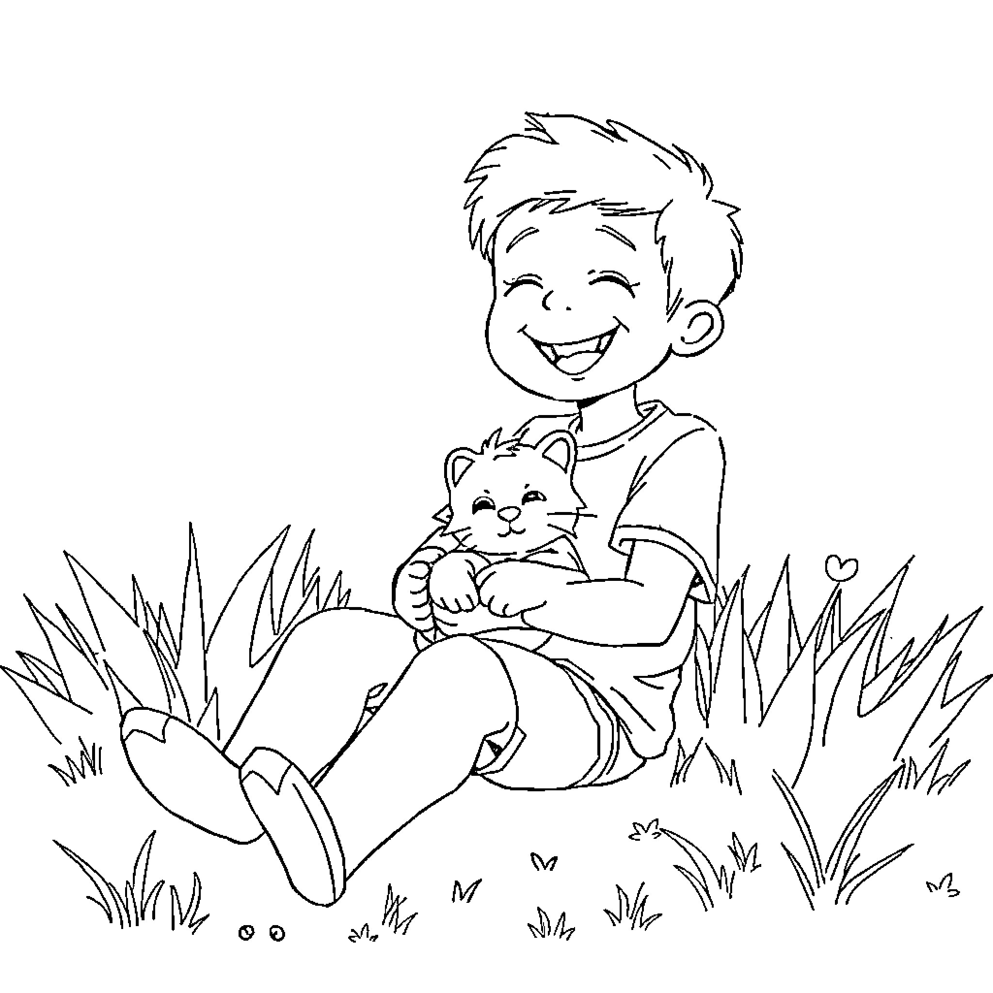 Boy happily playing with cute kitten in the grass Coloring Page (free black-and-white line drawing printable PDF for all, from beginners to advanced learners, including children, teens, adults, and seniors)