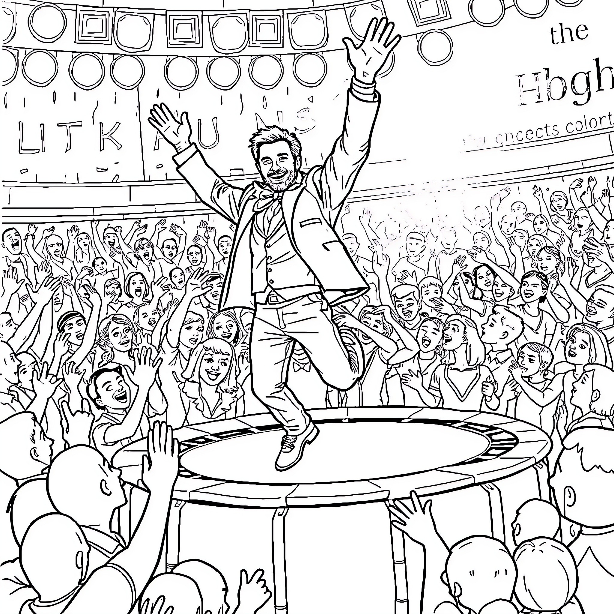 Hugh Jackman Performing Energetically on Stage Coloring Page (free black-and-white line drawing printable PDF for all, from beginners to advanced learners, including children, teens, adults, and seniors)