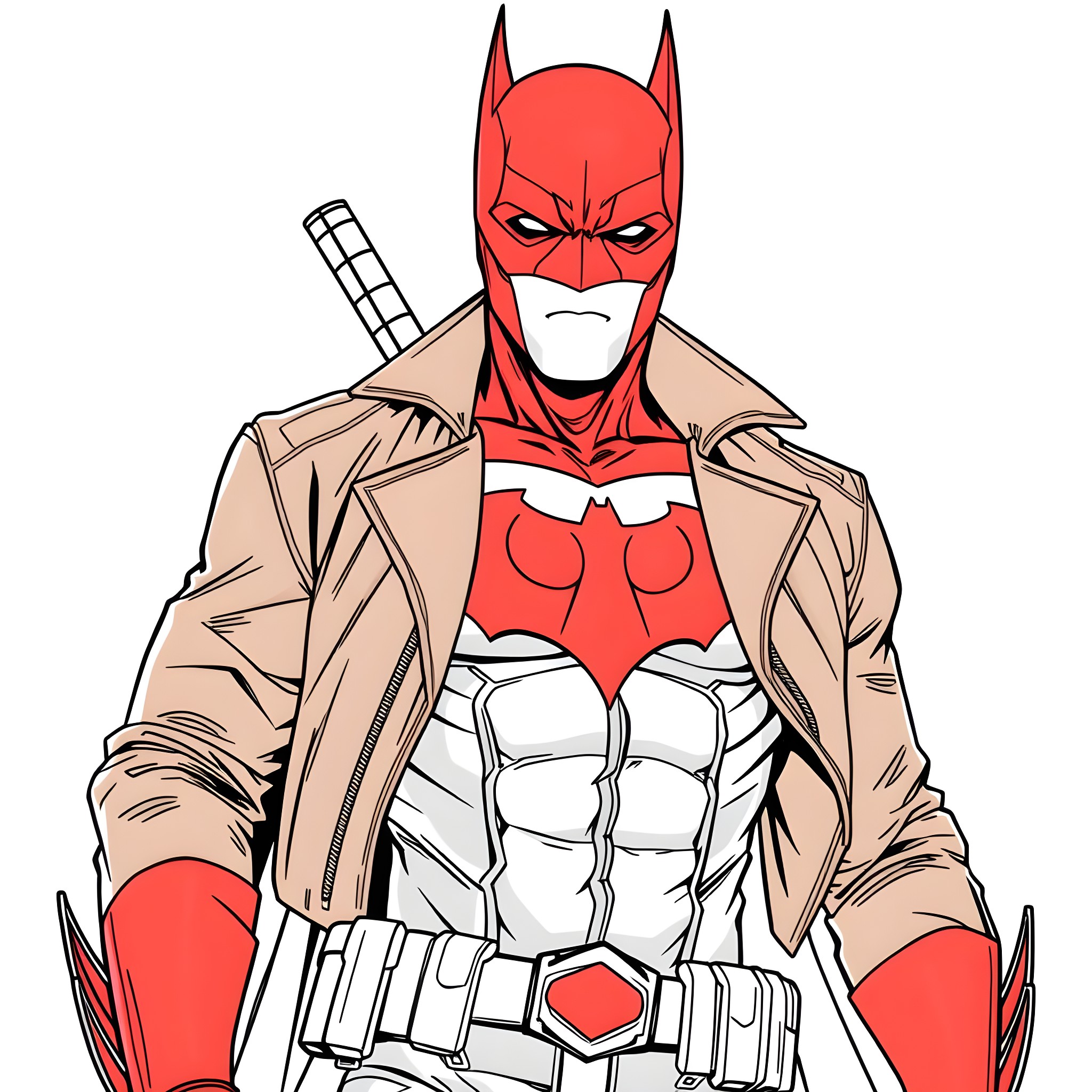 Red Hood in a heroic combat-ready pose Coloring Page (free black-and-white line drawing printable PDF for all, from beginners to advanced learners, including children, teens, adults, and seniors)
