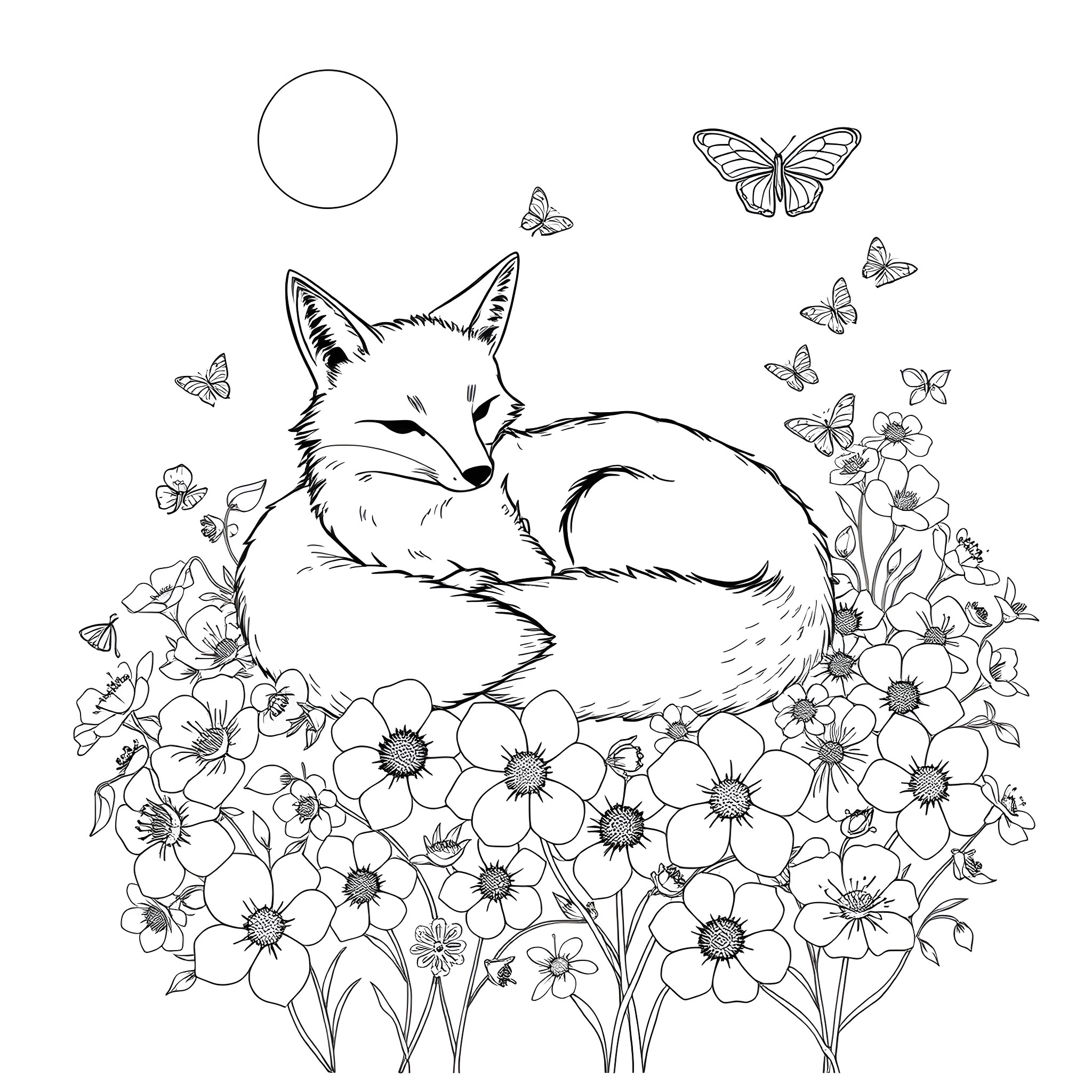Fox relaxing amidst floral and butterfly scene Coloring Page (free black-and-white line drawing printable PDF for all, from beginners to advanced learners, including children, teens, adults, and seniors)