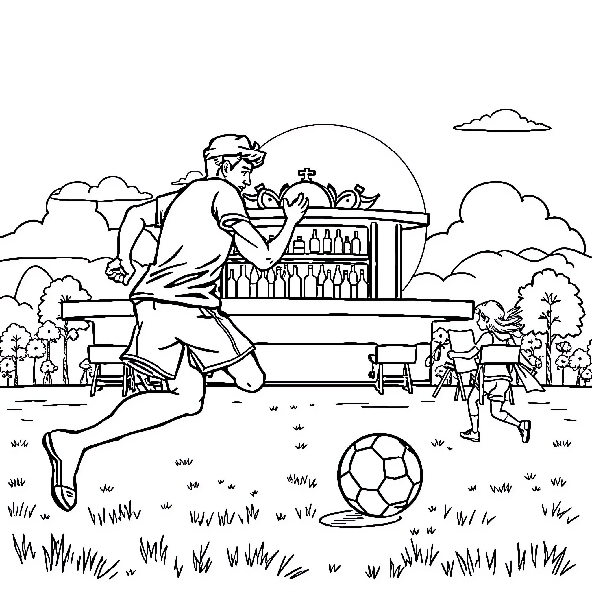 Barman serving refreshments at an outdoor soccer event Coloring Page (free black-and-white line drawing printable PDF for all, from beginners to advanced learners, including children, teens, adults, and seniors)