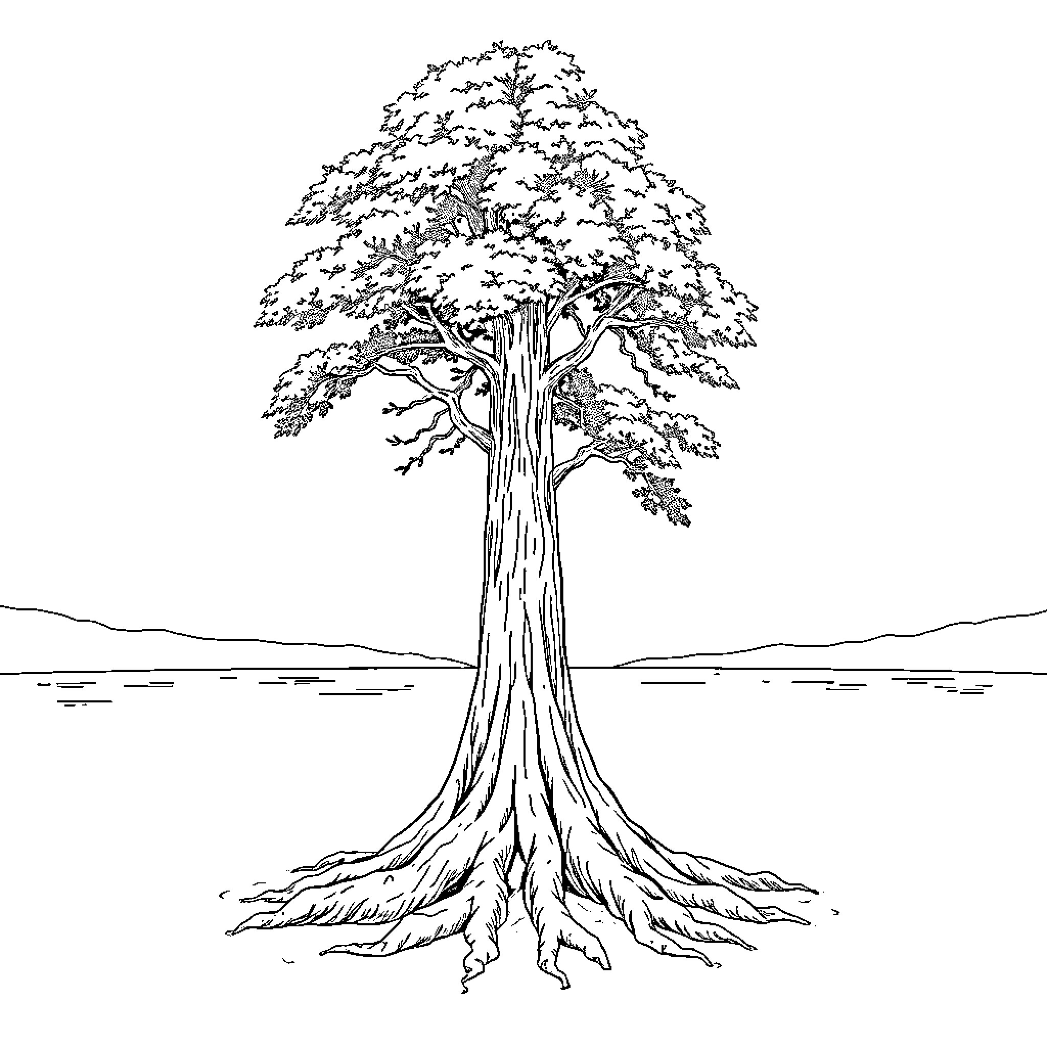 Tree with Detailed Branches and Roots Coloring Page (free black-and-white line drawing printable PDF for all, from beginners to advanced learners, including children, teens, adults, and seniors)