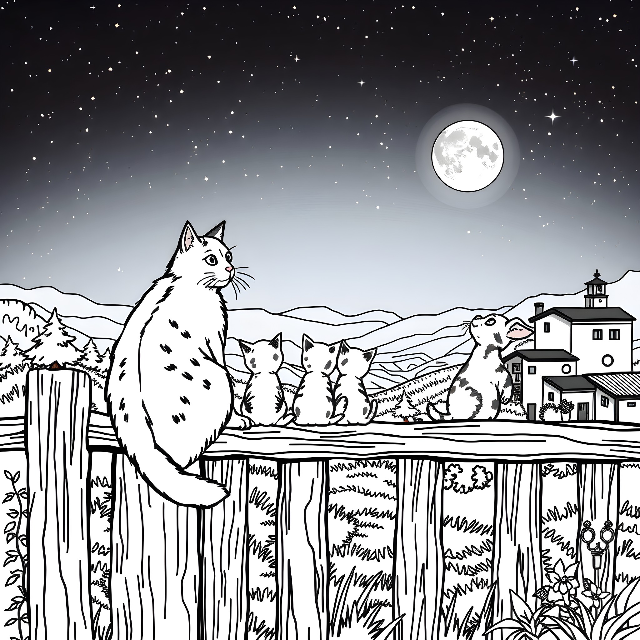 Cat family in moonlit countryside Coloring Page (free black-and-white line drawing printable PDF for all, from beginners to advanced learners, including children, teens, adults, and seniors)