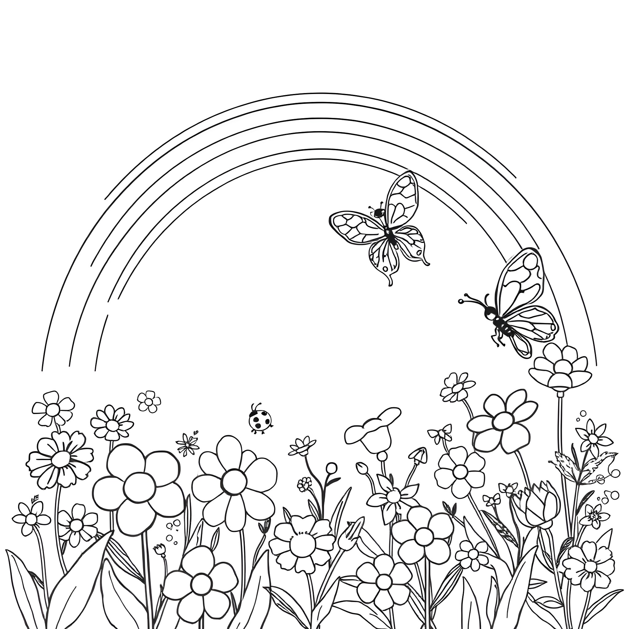 Rainbow Meadow with Butterflies and Flowers Coloring Page (free black-and-white line drawing printable PDF for all, from beginners to advanced learners, including children, teens, adults, and seniors)