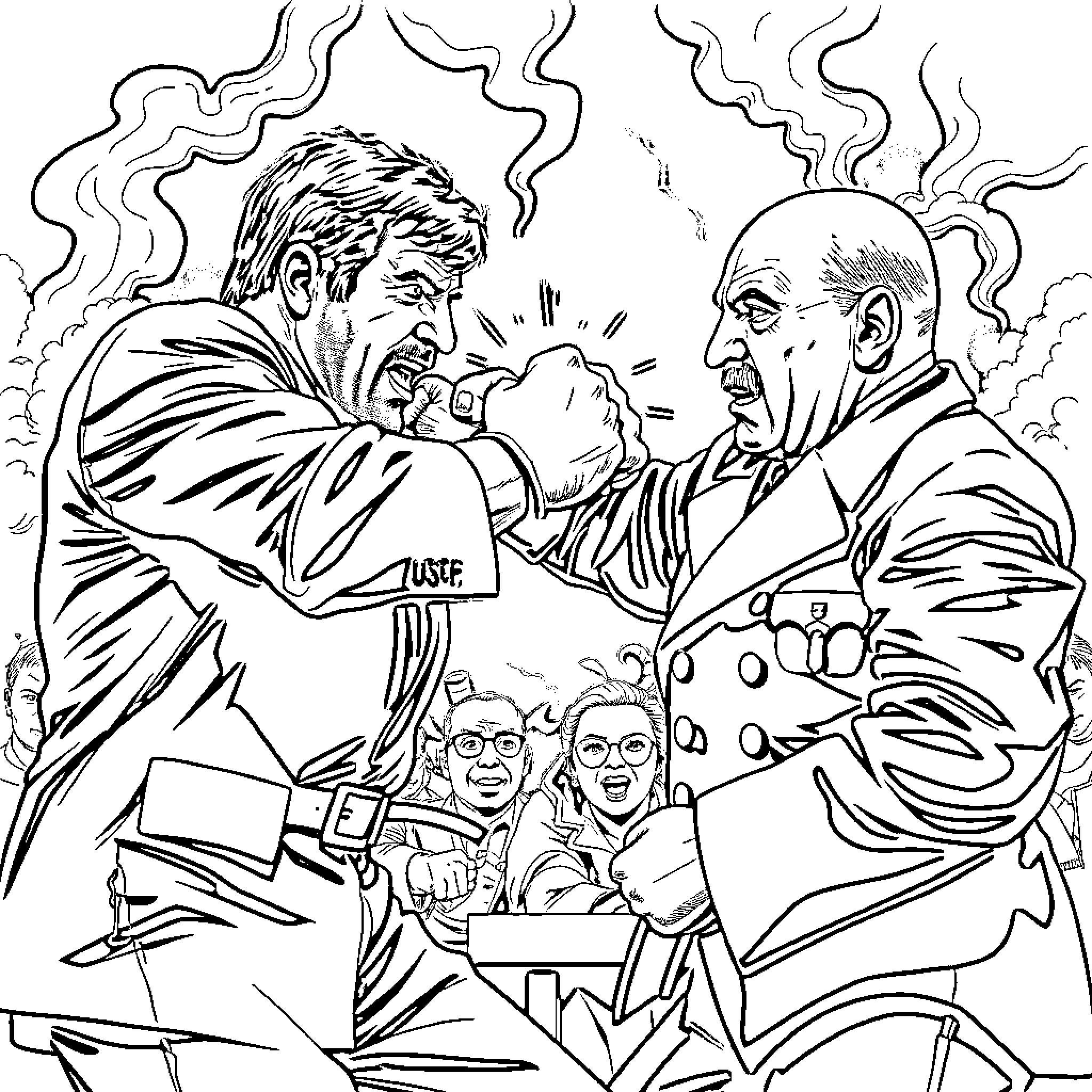 Chuck Norris in an intense confrontation with another man Coloring Page (free black-and-white line drawing printable PDF for all, from beginners to advanced learners, including children, teens, adults, and seniors)