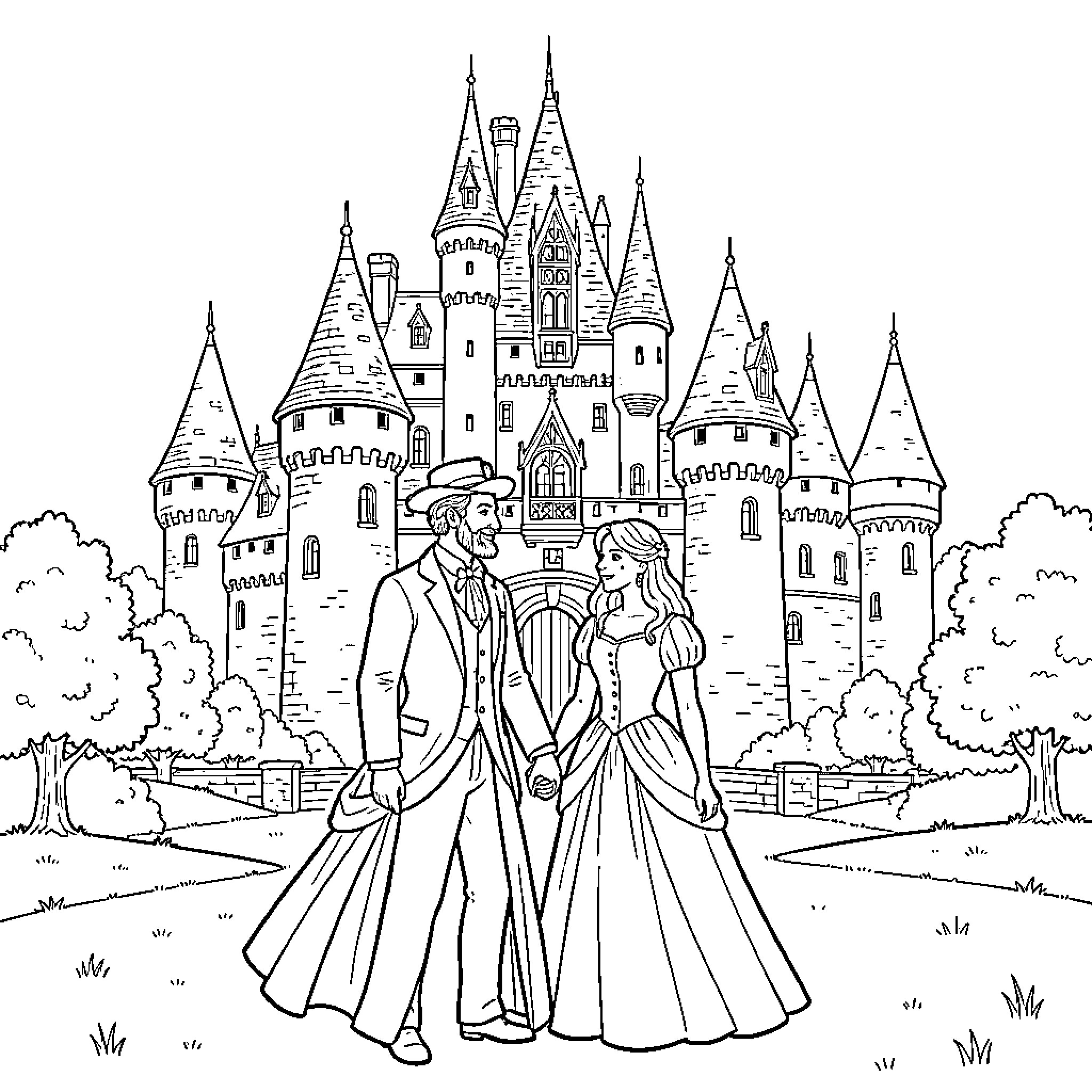Beauty And The Beast: Elegant Couple in Fairy Tale Castle Coloring Page (free black-and-white line drawing printable PDF for all, from beginners to advanced learners, including children, teens, adults, and seniors)