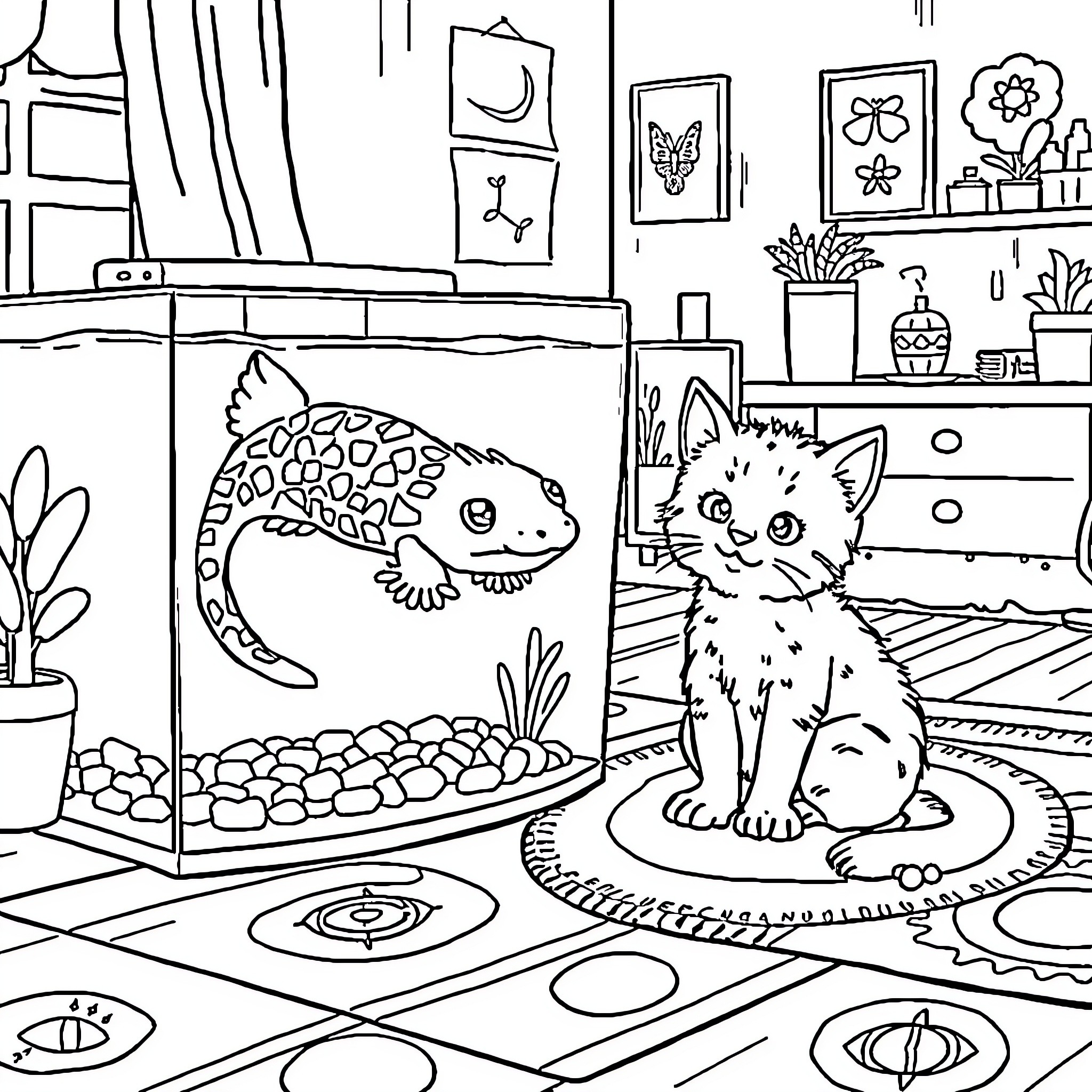 Axolotl in an aquarium with a curious cat Coloring Page (free black-and-white line drawing printable PDF for all, from beginners to advanced learners, including children, teens, adults, and seniors)