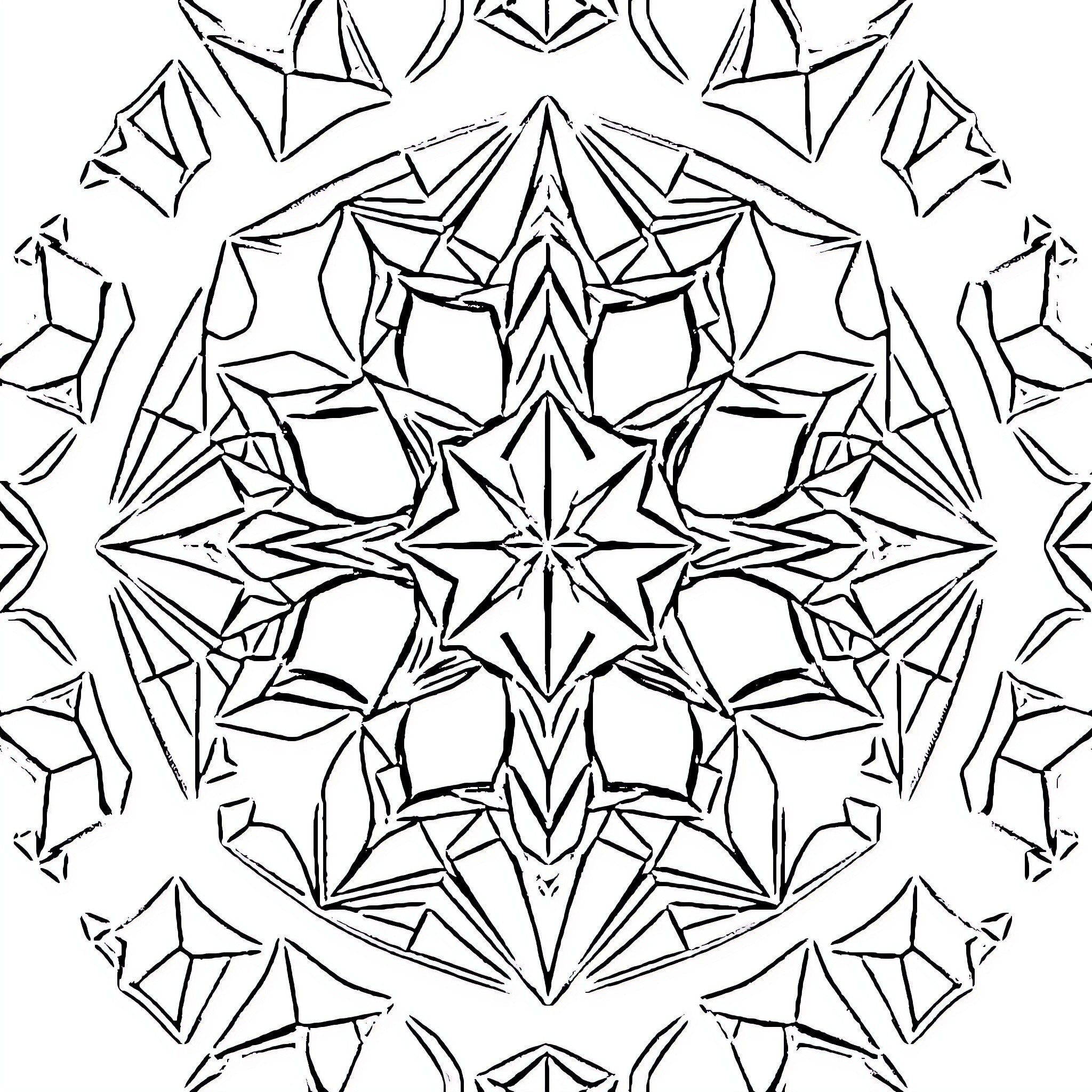 Geometric Shapes in Symmetrical Pattern Coloring Page (free black-and-white line drawing printable PDF for all, from beginners to advanced learners, including children, teens, adults, and seniors)