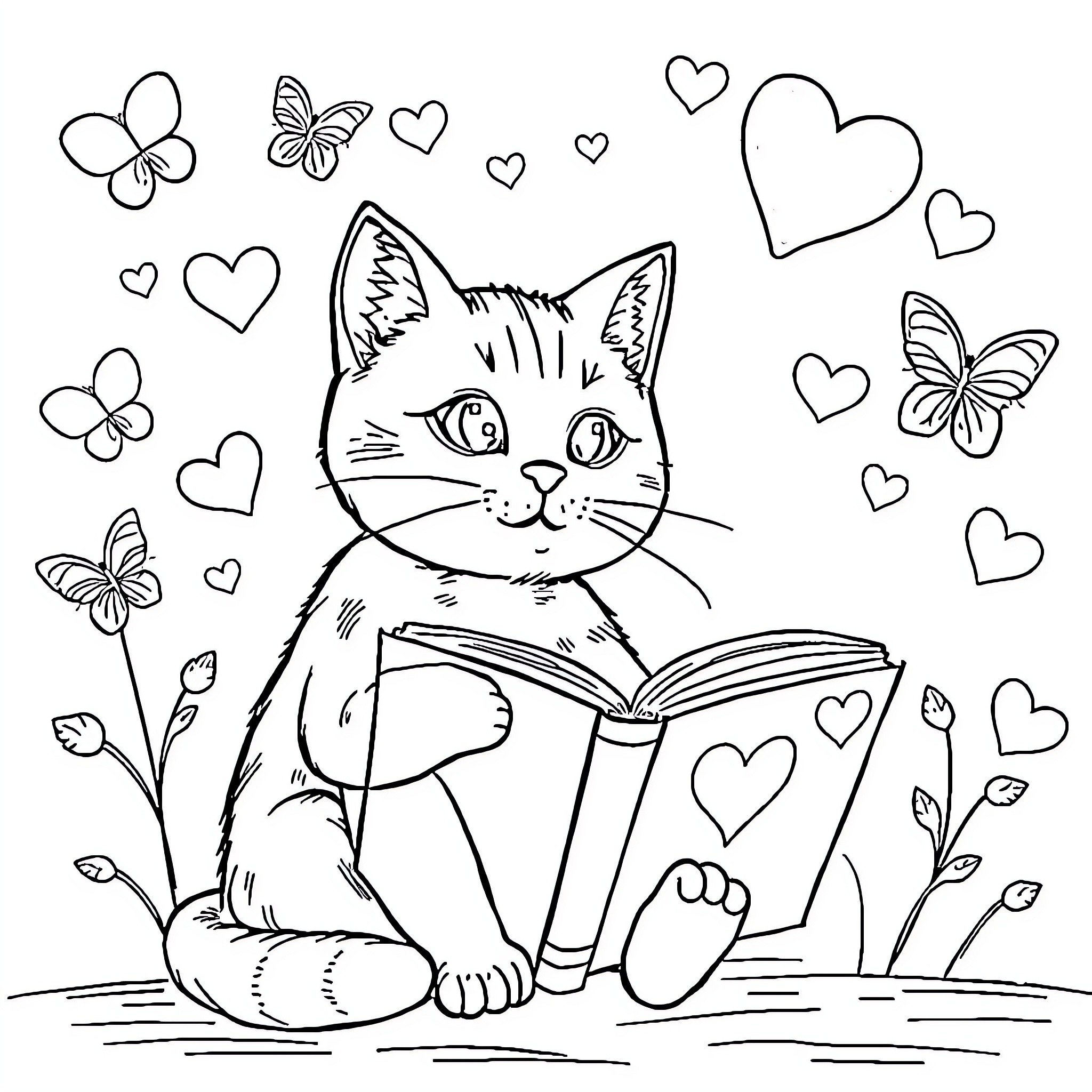 Cat reading book surrounded by hearts and butterflies Coloring Page (free black-and-white line drawing printable PDF for all, from beginners to advanced learners, including children, teens, adults, and seniors)