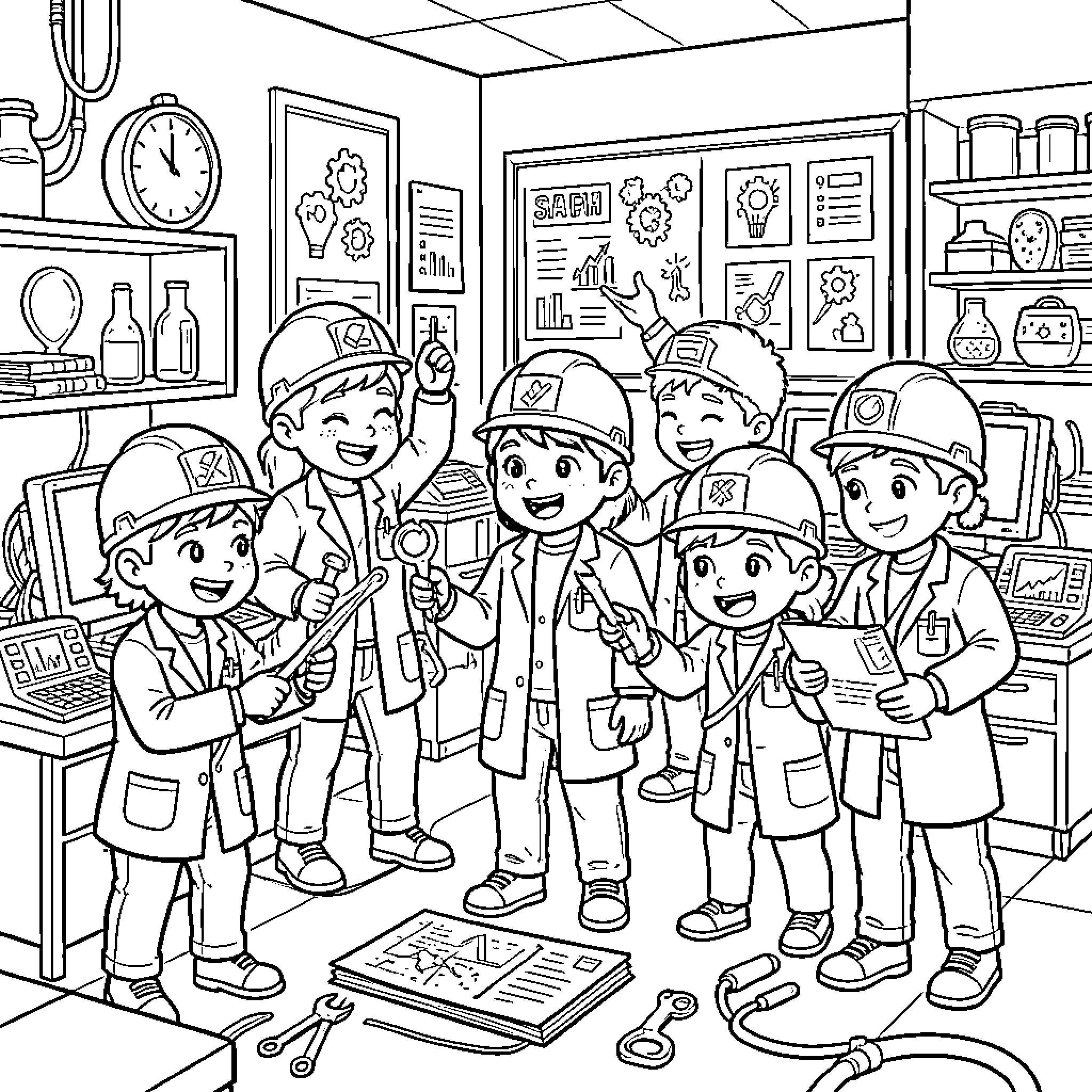 Medical Physicist students examining equipment in a laboratory Coloring Page (free black-and-white line drawing printable PDF for all, from beginners to advanced learners, including children, teens, adults, and seniors)