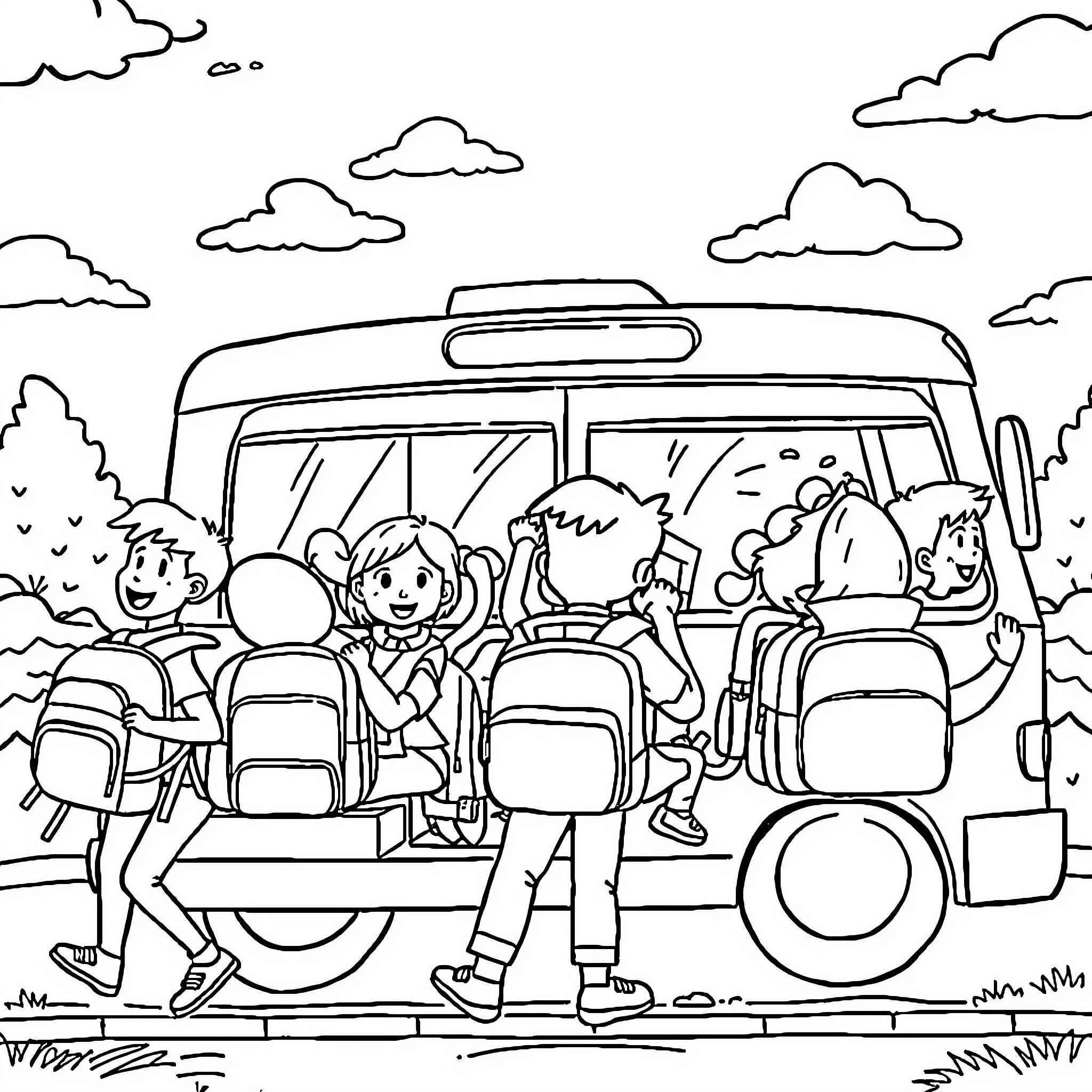 Kid friends ride bus to school on sunny day Coloring Page (free black-and-white line drawing printable PDF for all, from beginners to advanced learners, including children, teens, adults, and seniors)