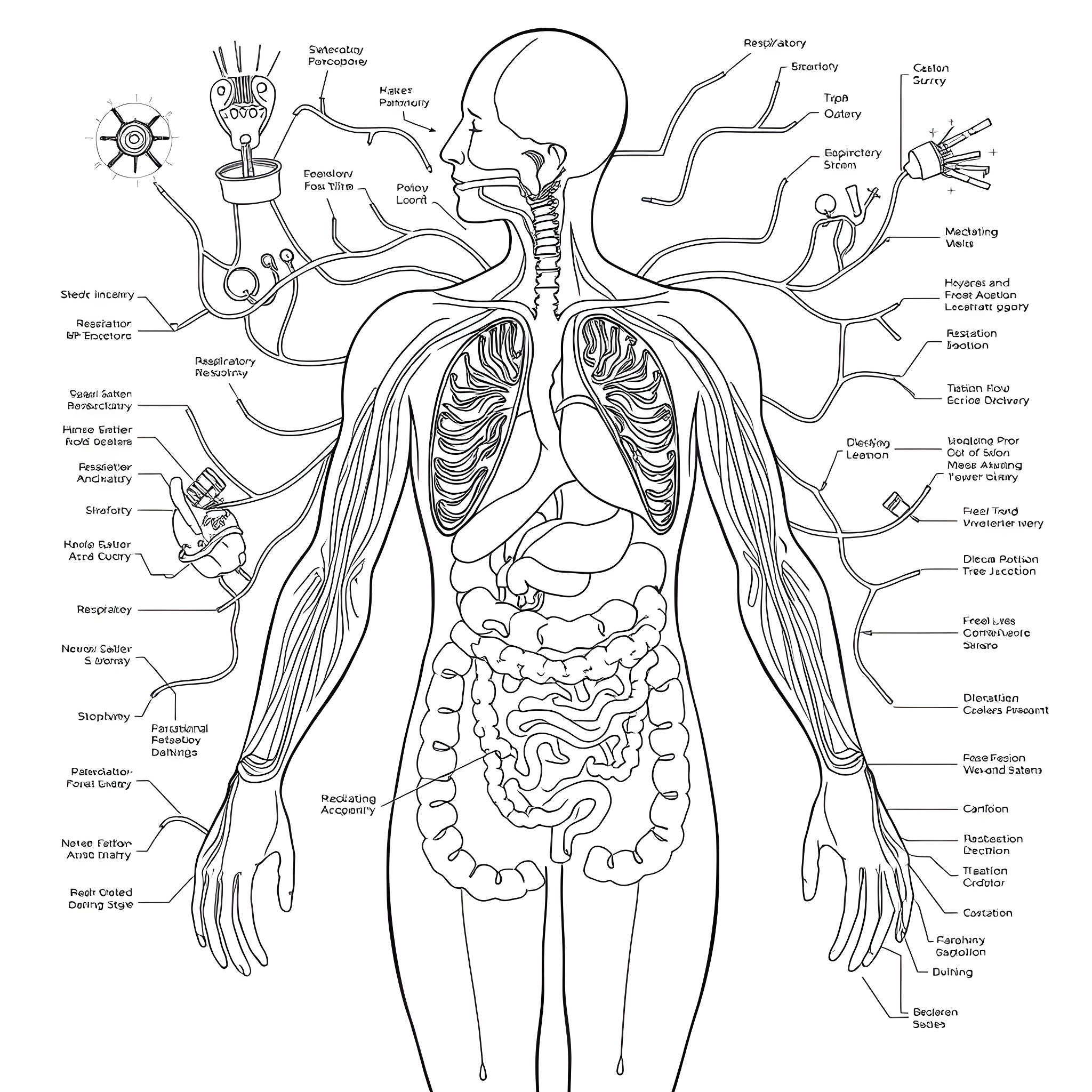 Organ System Diagram of the Human Body Coloring Page (free black-and-white line drawing printable PDF for all, from beginners to advanced learners, including children, teens, adults, and seniors)