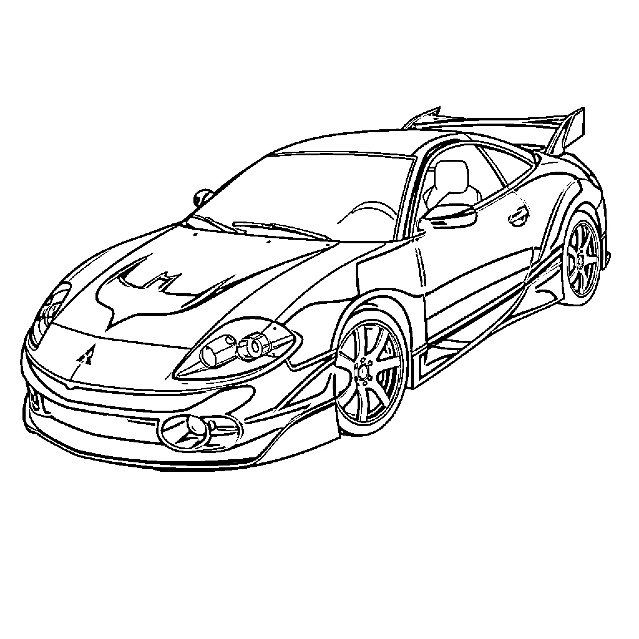 Mitsubishi Sports Car with Racing Accessories Coloring Page (free black-and-white line drawing printable PDF for all, from beginners to advanced learners, including children, teens, adults, and seniors)